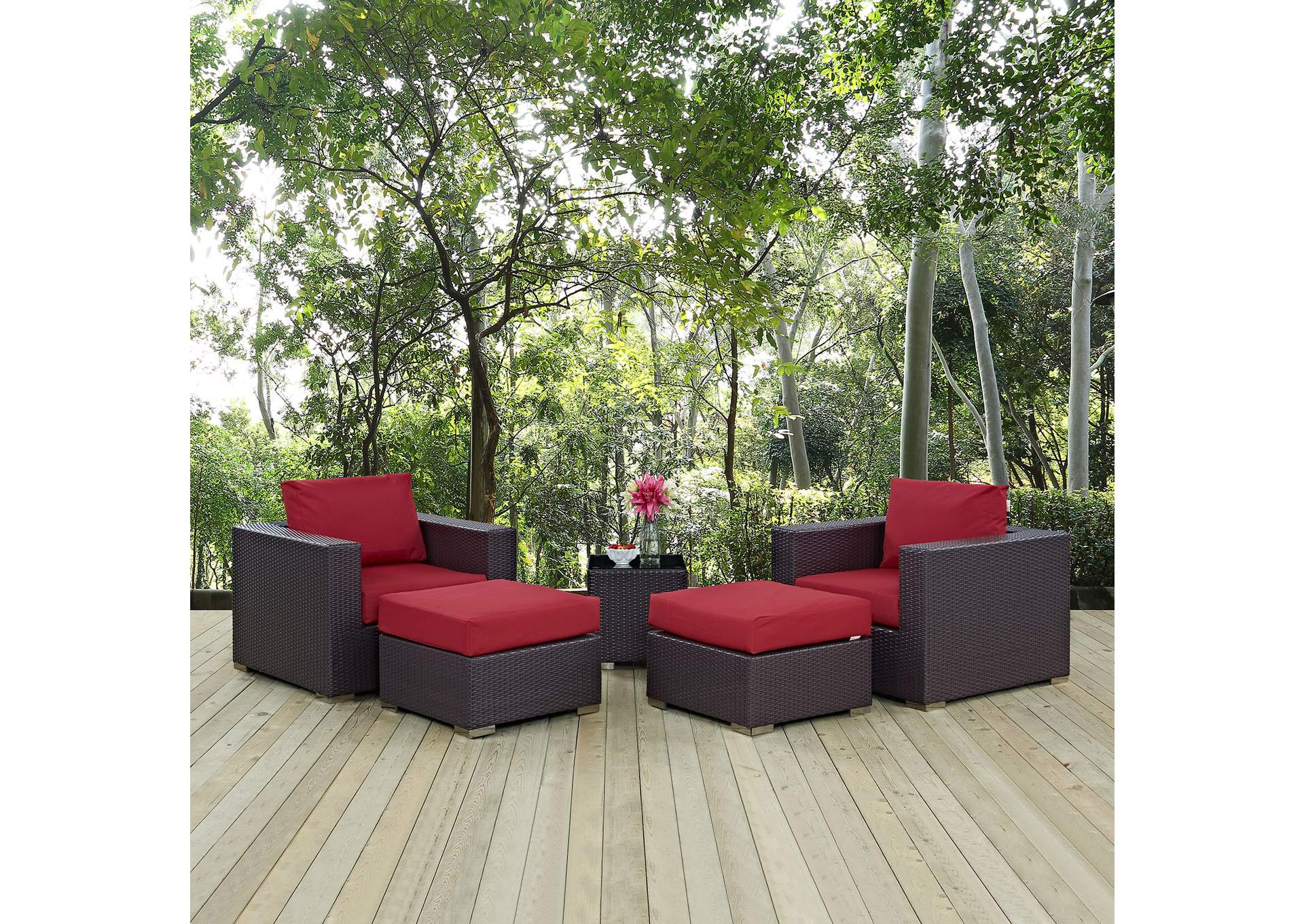 Convene Espresso Red 5 Piece Outdoor Patio Sectional Set,Modway