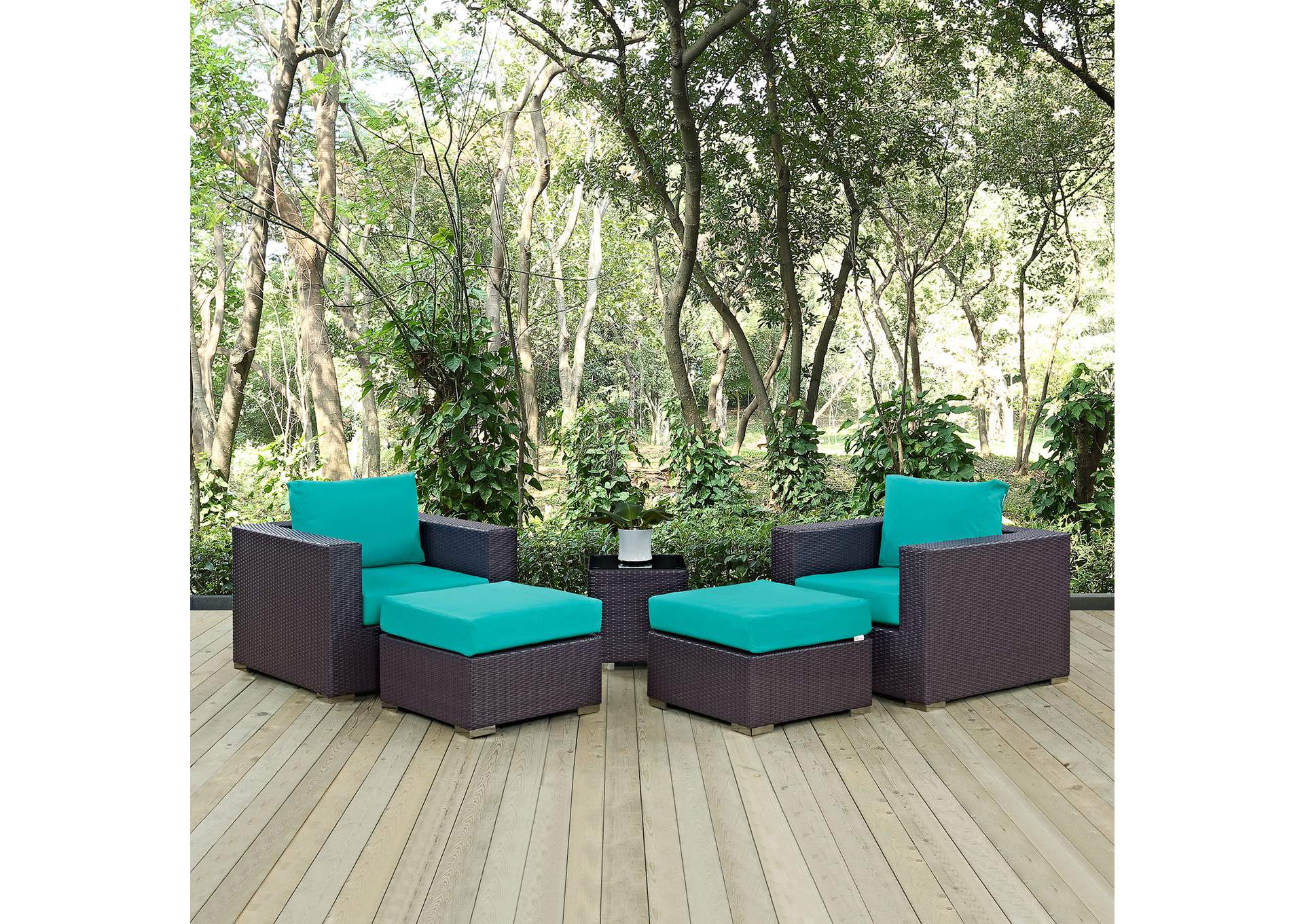 Convene Espresso Turquoise 5 Piece Outdoor Patio Sectional Set,Modway