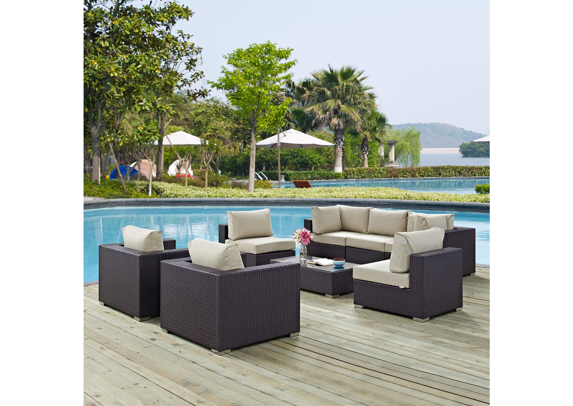 Convene Espresso Beige 8 Piece Outdoor Patio Sectional Set,Modway