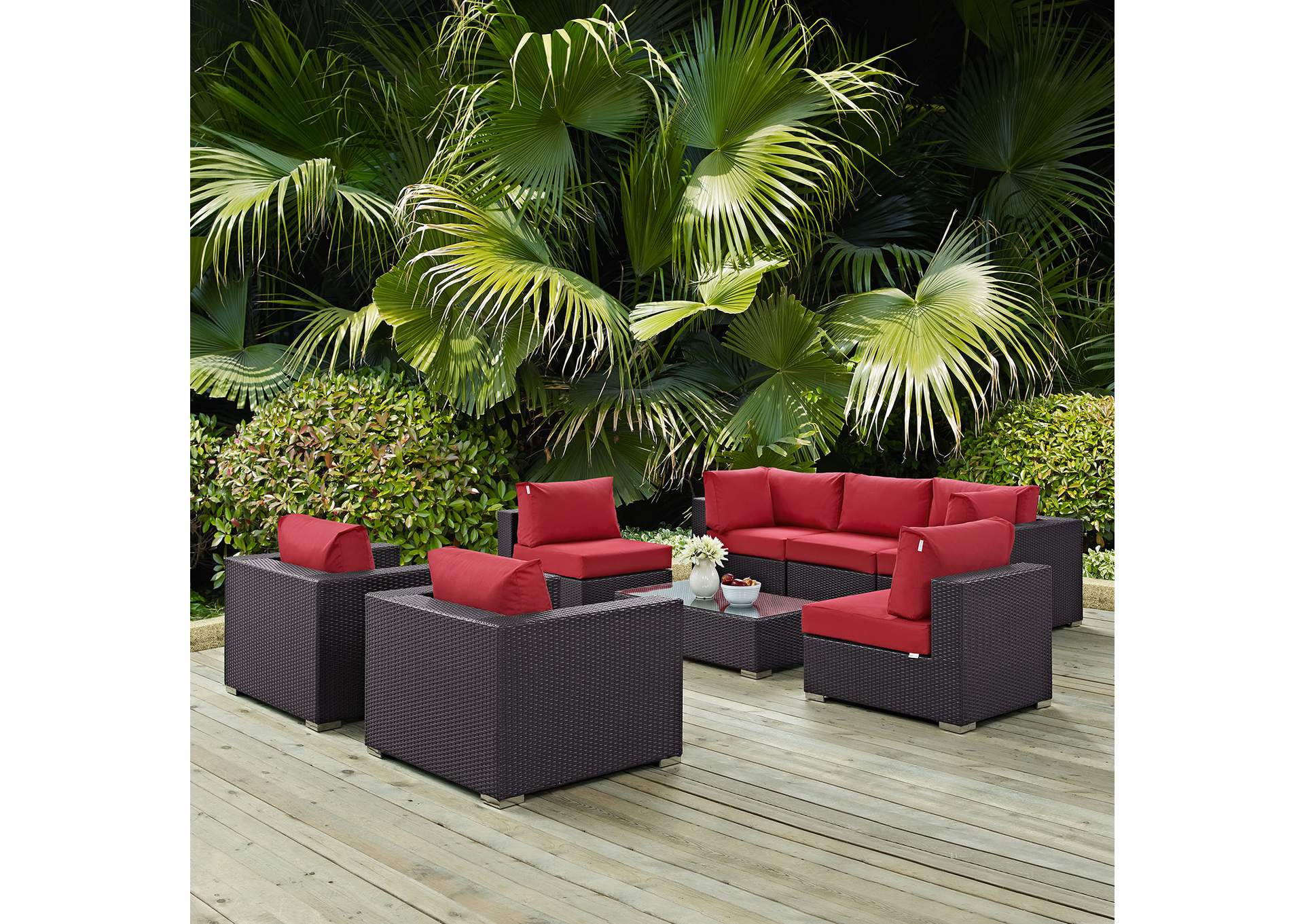 Convene Espresso Red 8 Piece Outdoor Patio Sectional Set,Modway