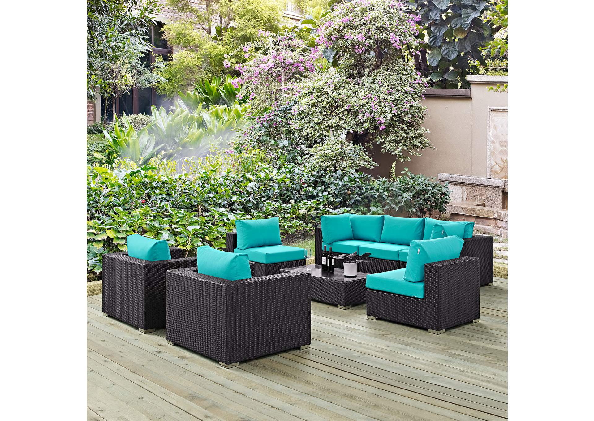 Convene Espresso Turquoise 8 Piece Outdoor Patio Sectional Set,Modway