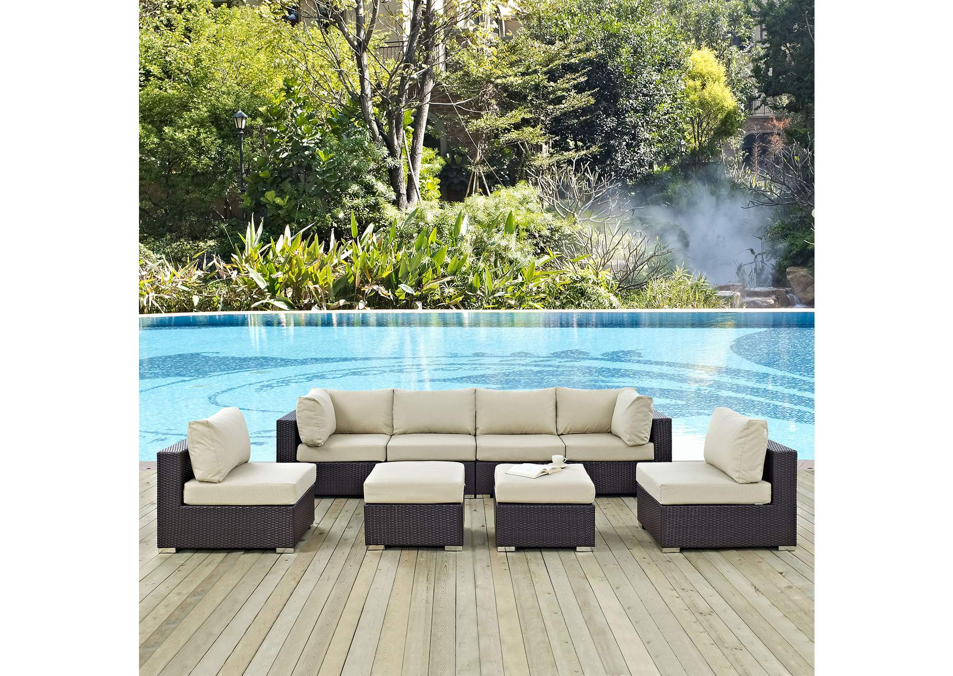 Convene Espresso Beige 8 Piece Outdoor Patio Sectional Set,Modway