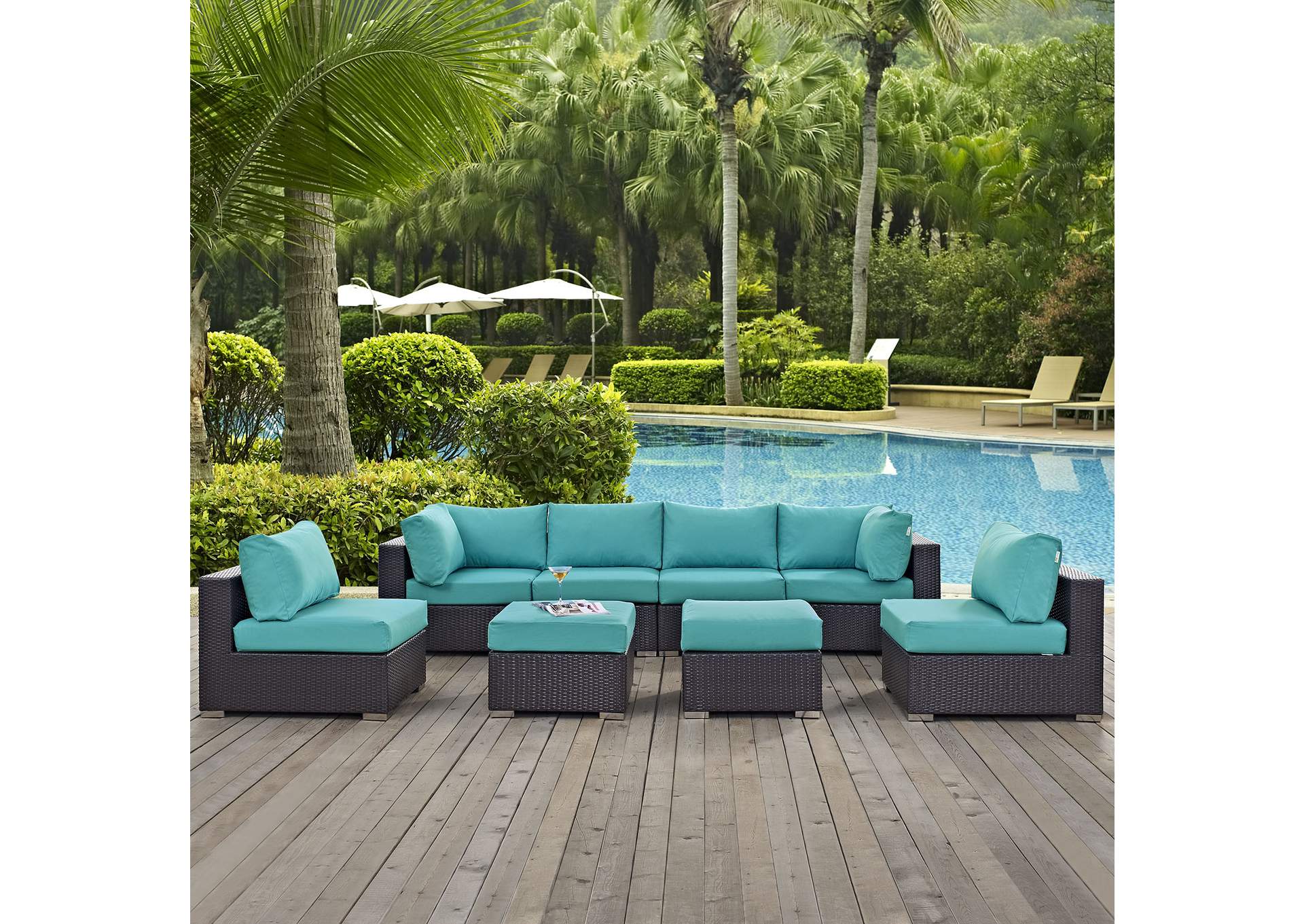 Convene Espresso Turquoise 8 Piece Outdoor Patio Sectional Set,Modway