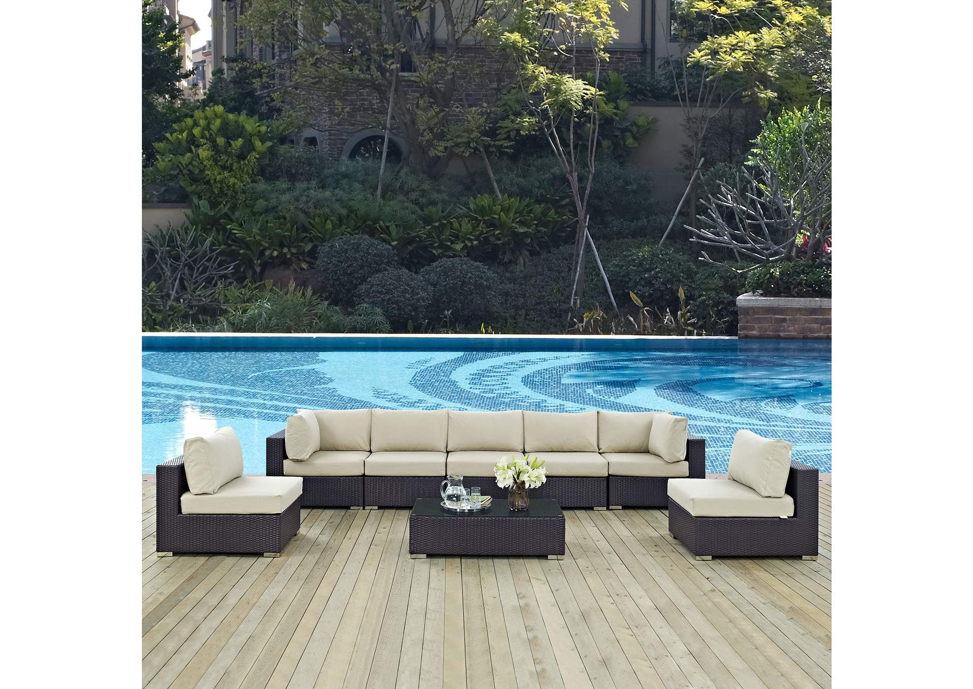 Convene Espresso Beige 8 Piece Outdoor Patio Sectional Set,Modway