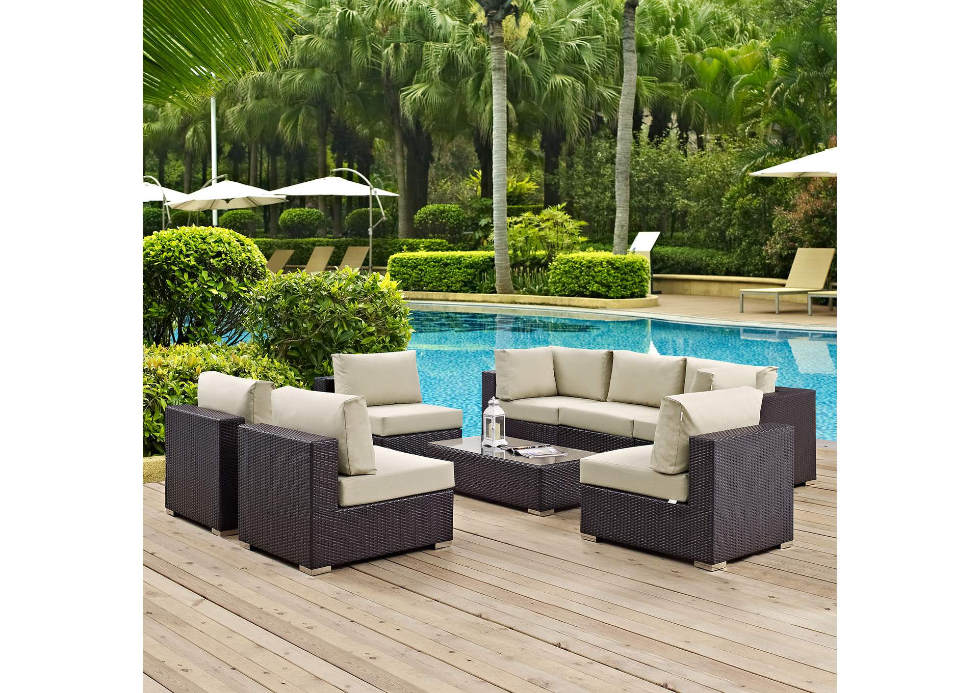 Convene Espresso Beige 8 Piece Outdoor Patio Sectional Set,Modway