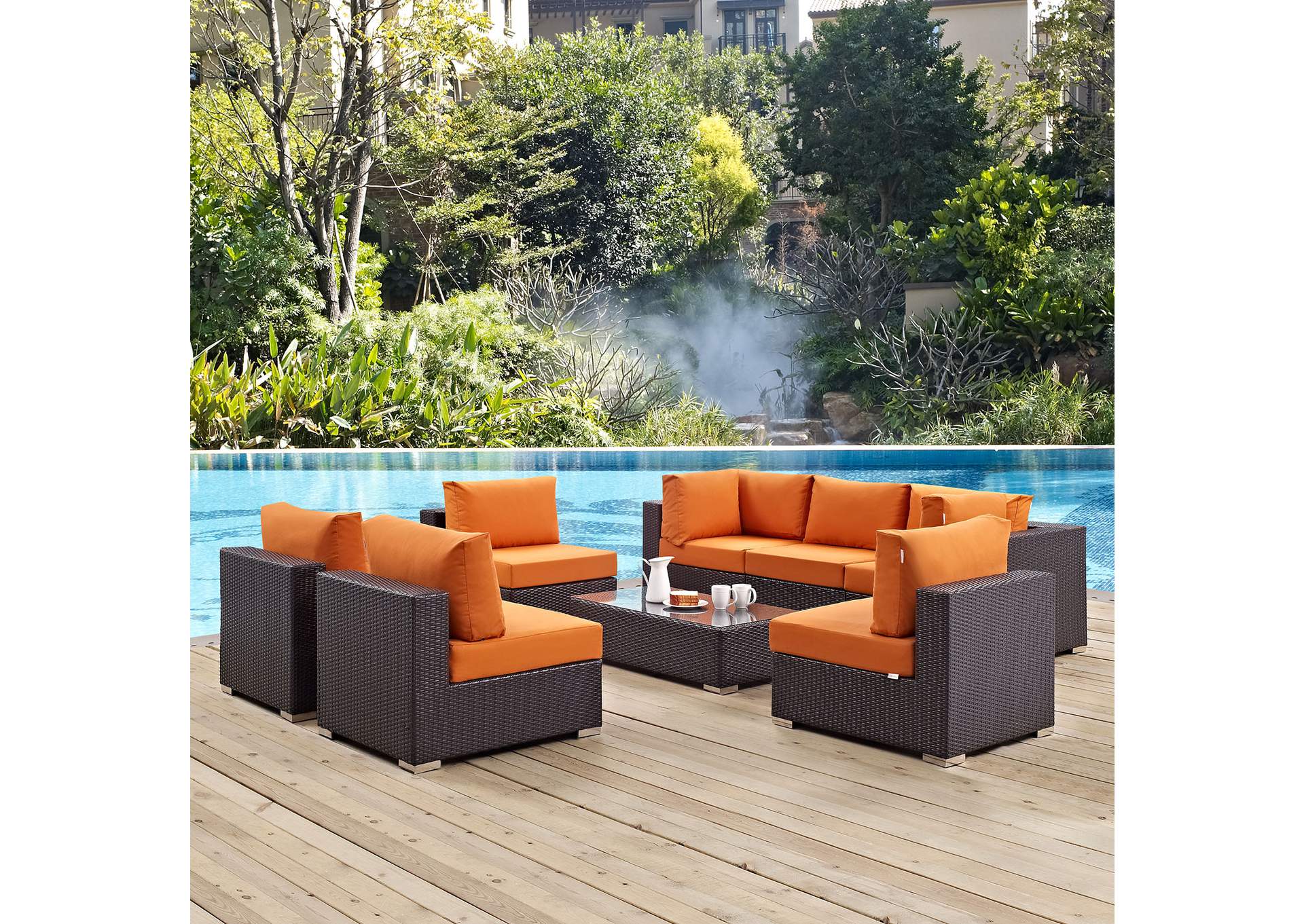 Convene Espresso Orange 8 Piece Outdoor Patio Sectional Set,Modway