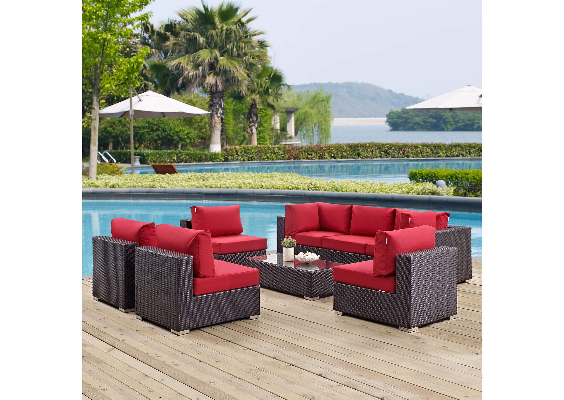 Convene Espresso Red 8 Piece Outdoor Patio Sectional Set,Modway