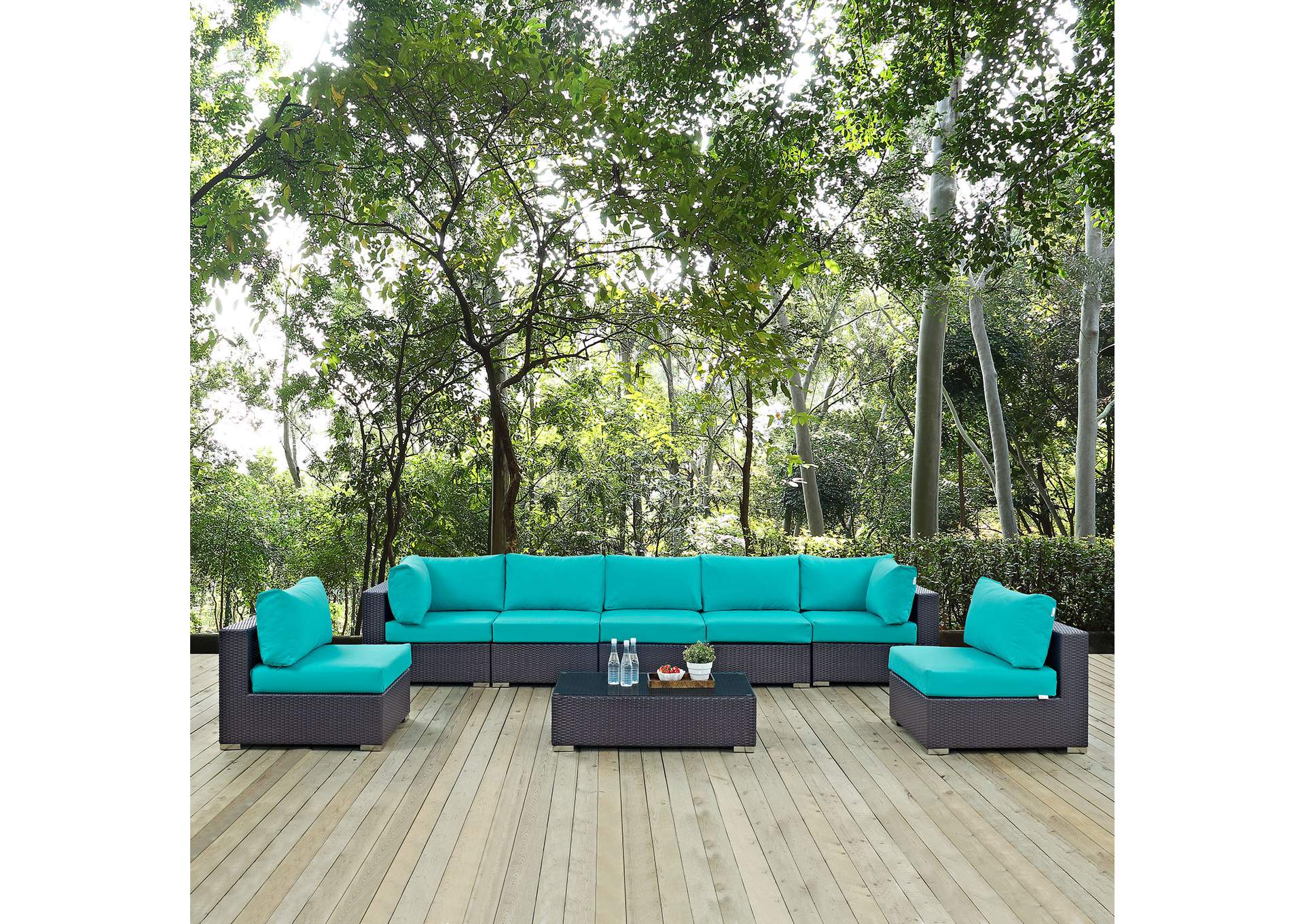 Convene Espresso Turquoise 8 Piece Outdoor Patio Sectional Set,Modway