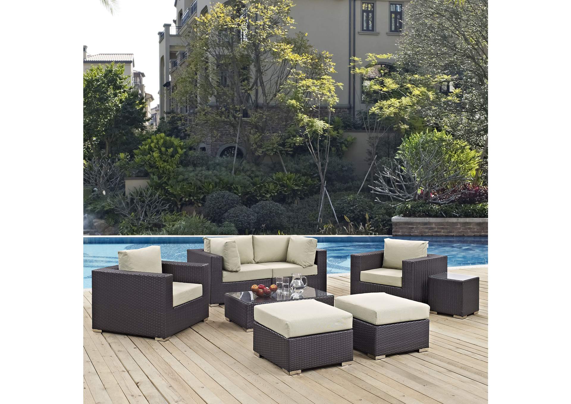 Convene Espresso Beige 8 Piece Outdoor Patio Sectional Set,Modway