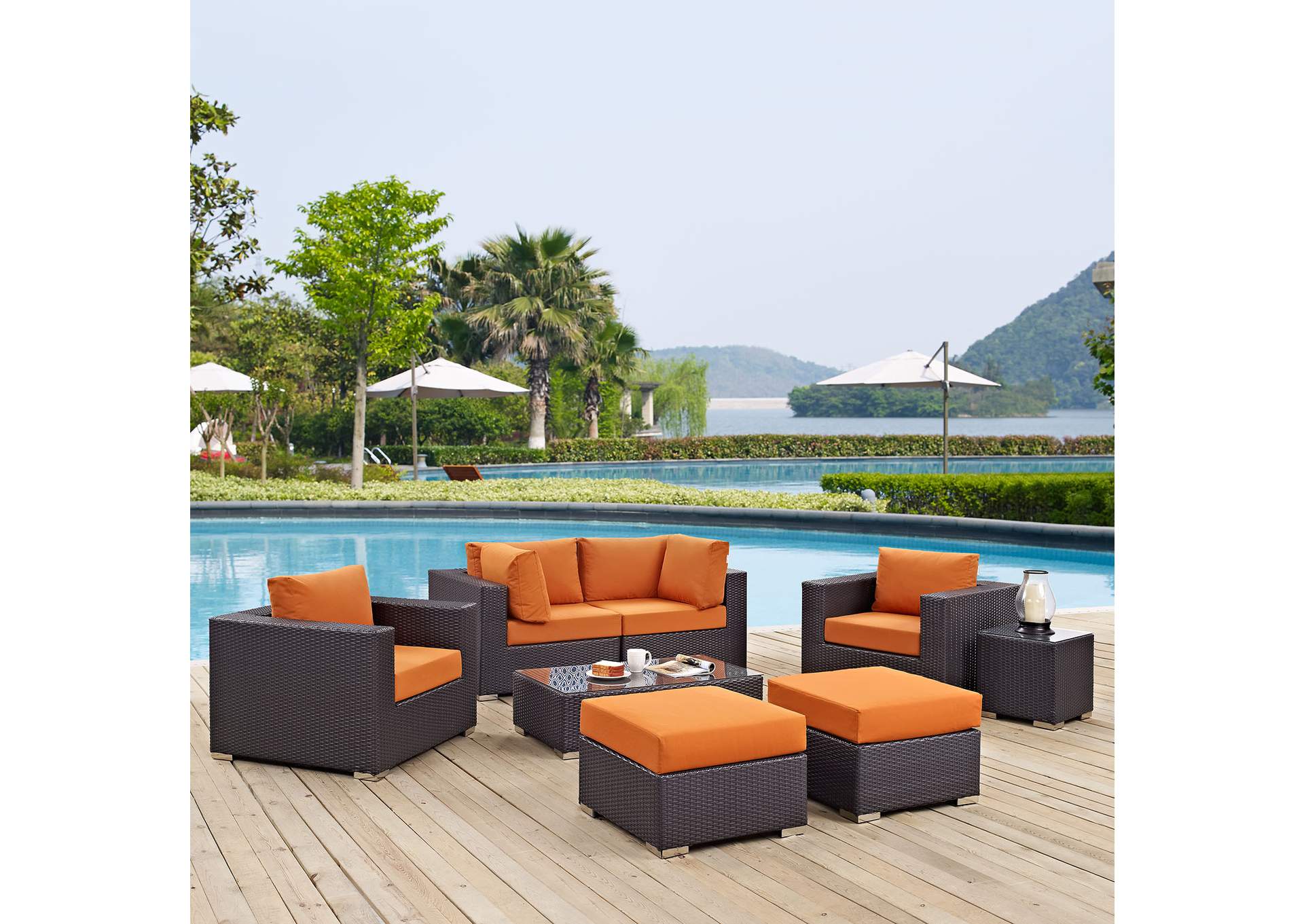 Convene Espresso Orange 8 Piece Outdoor Patio Sectional Set,Modway