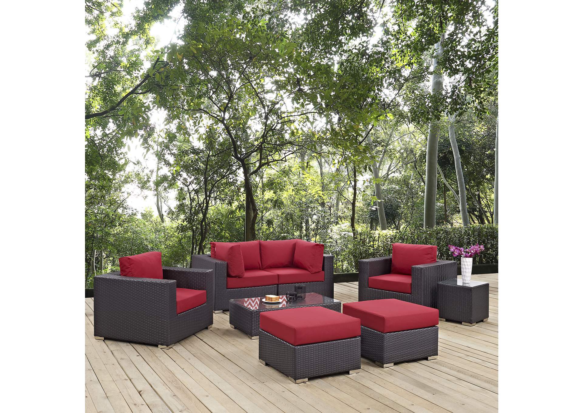 Convene Espresso Red 8 Piece Outdoor Patio Sectional Set,Modway