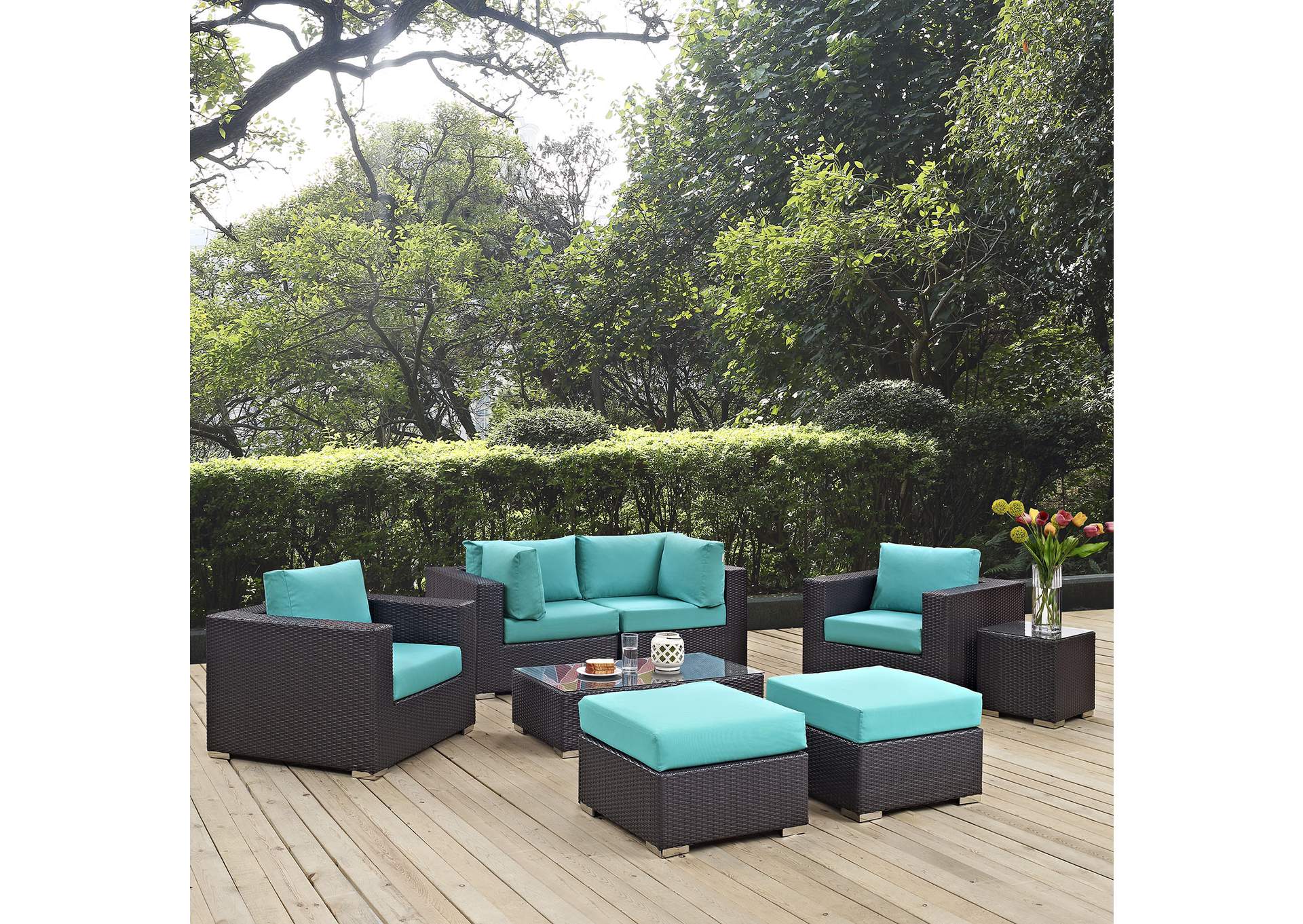 Convene Espresso Turquoise 8 Piece Outdoor Patio Sectional Set,Modway