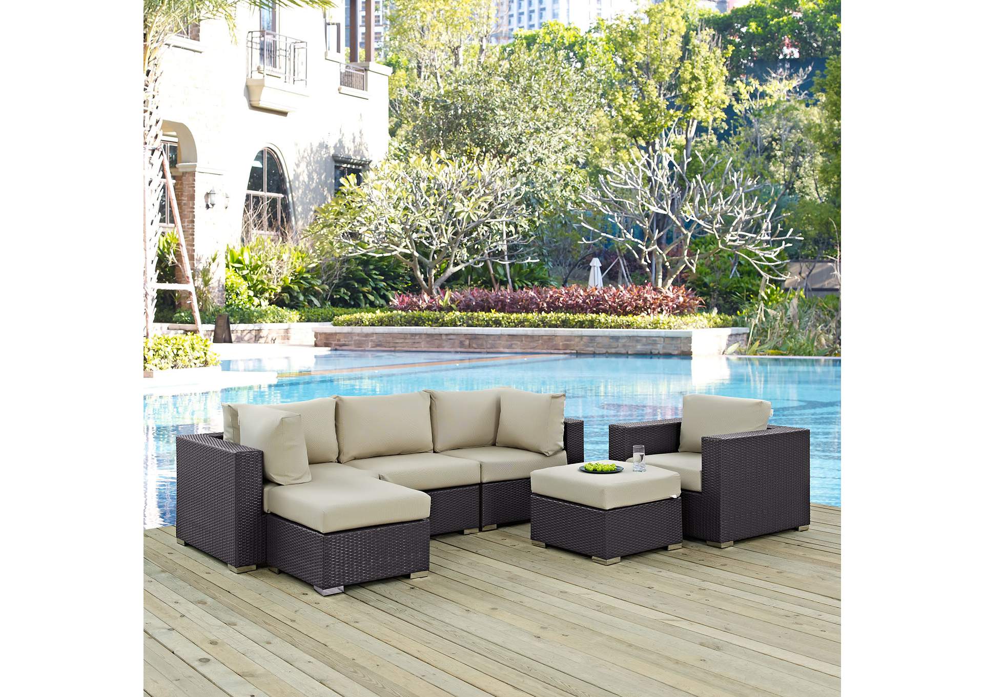 Convene Espresso Beige 6 Piece Outdoor Patio Sectional Set,Modway