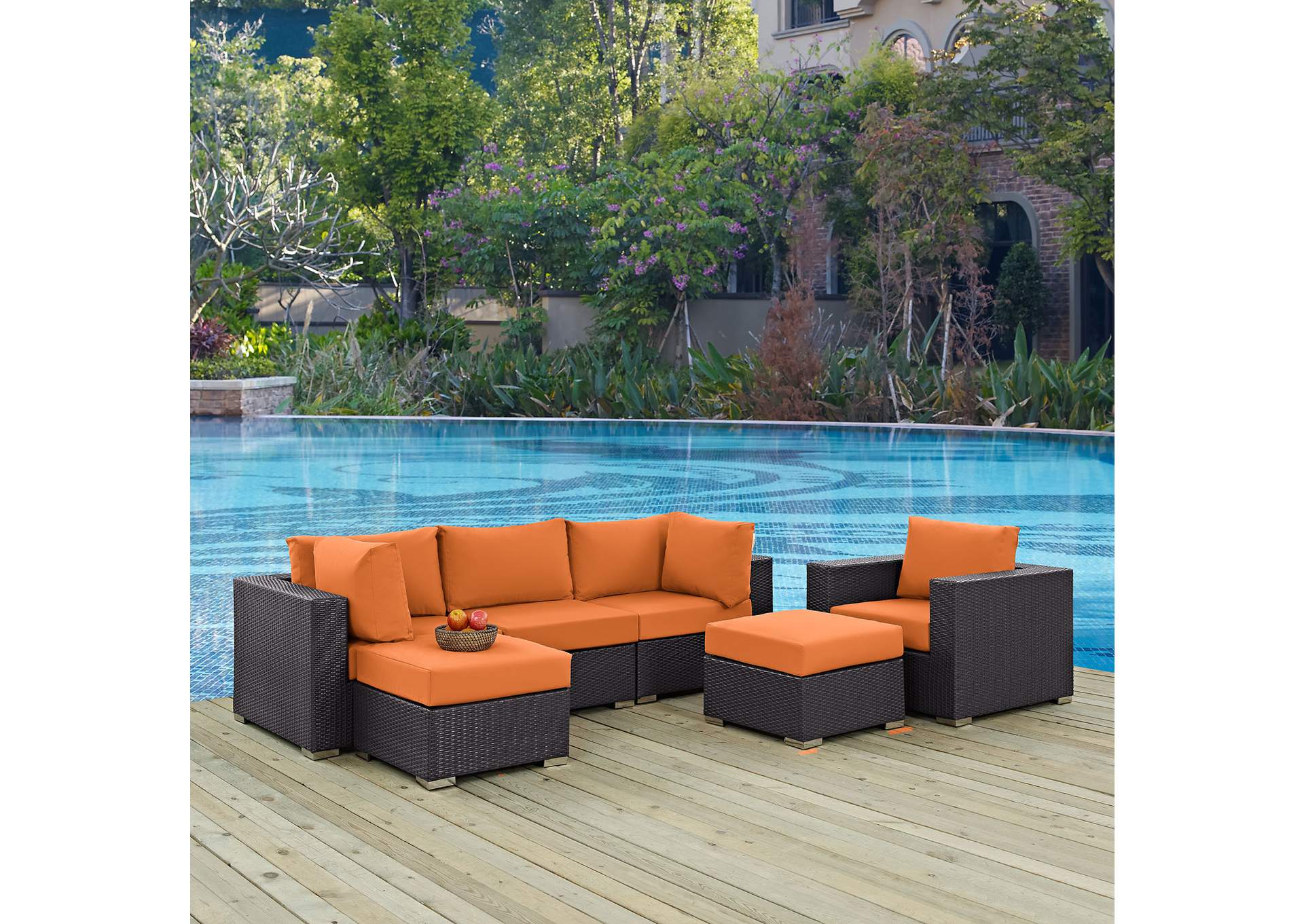 Convene Espresso Orange 6 Piece Outdoor Patio Sectional Set,Modway