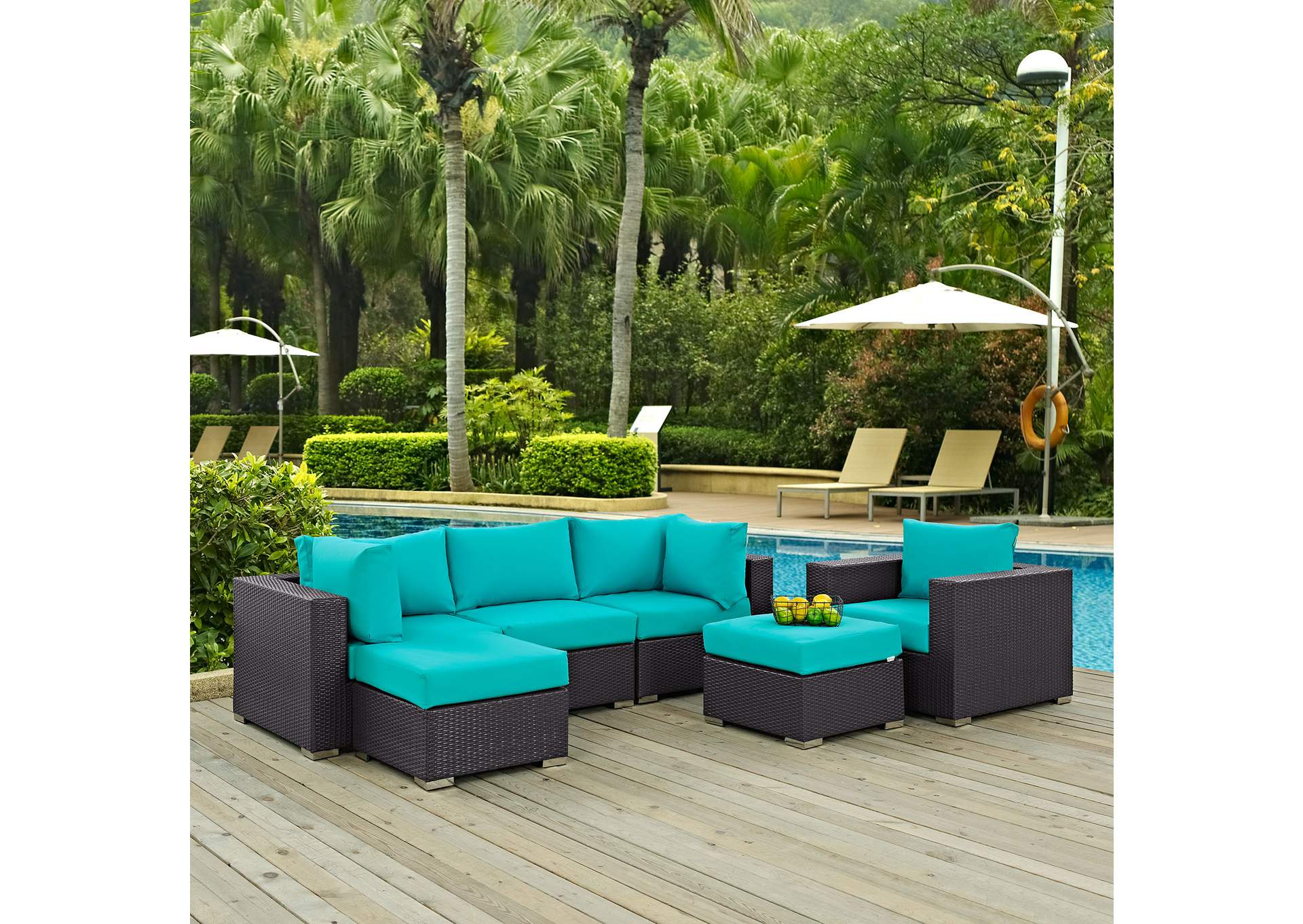 Convene Espresso Turquoise 6 Piece Outdoor Patio Sectional Set,Modway