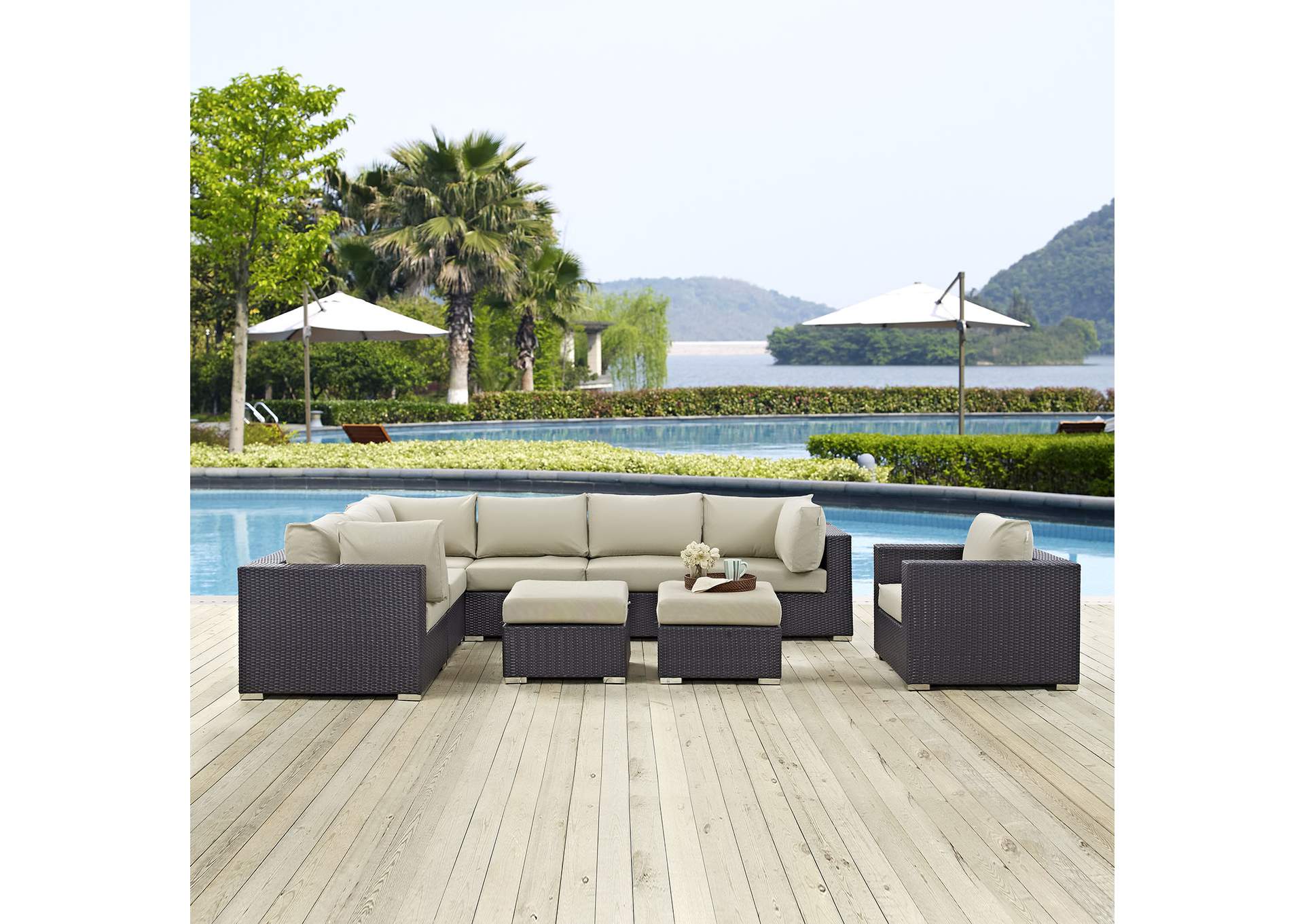 Convene Espresso Beige 9 Piece Outdoor Patio Sectional Set,Modway