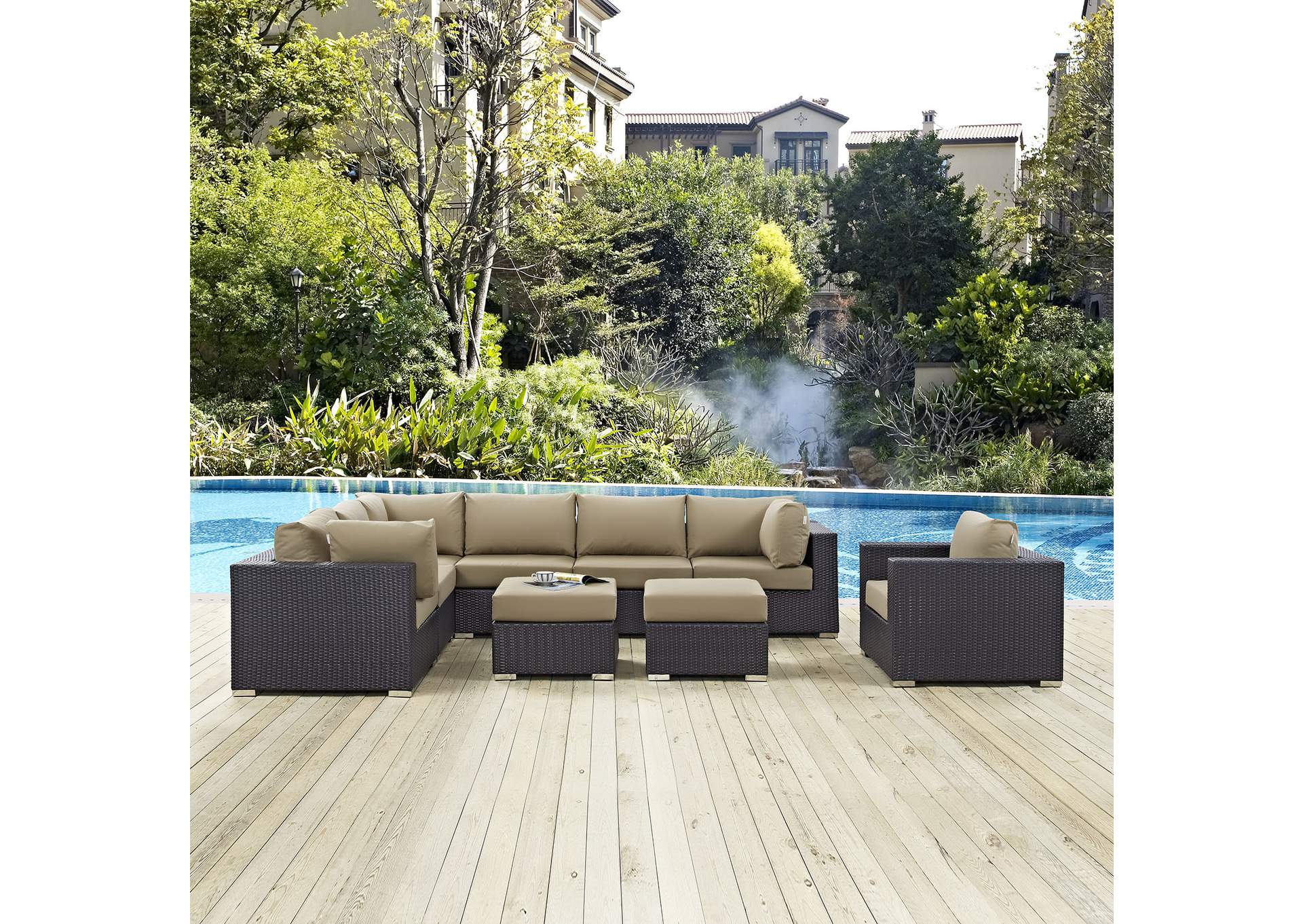 Convene Espresso Mocha 9 Piece Outdoor Patio Sectional Set,Modway