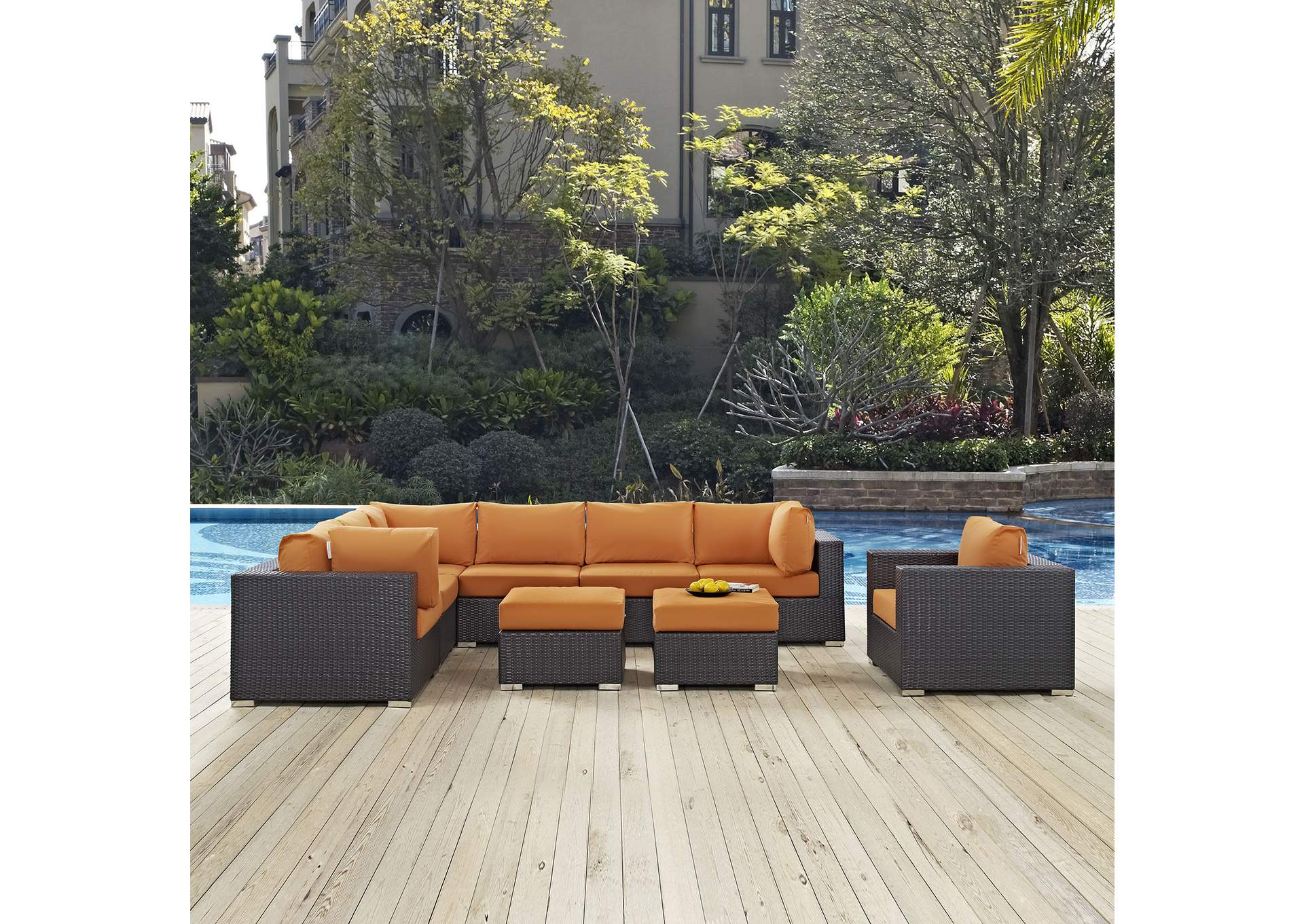 Convene Espresso Orange 9 Piece Outdoor Patio Sectional Set,Modway