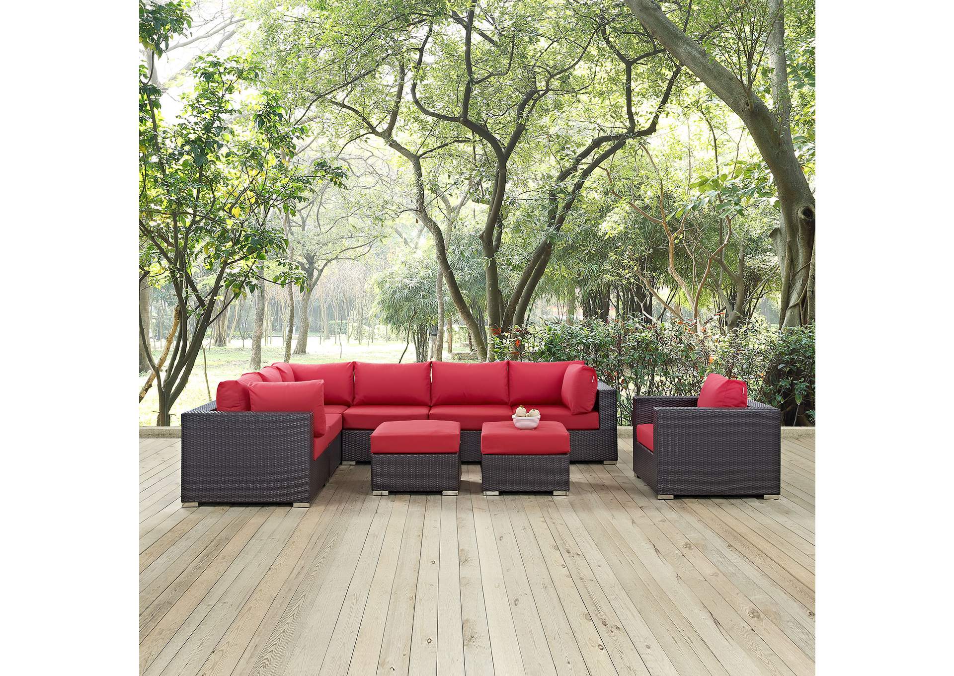 Convene Espresso Red 9 Piece Outdoor Patio Sectional Set,Modway