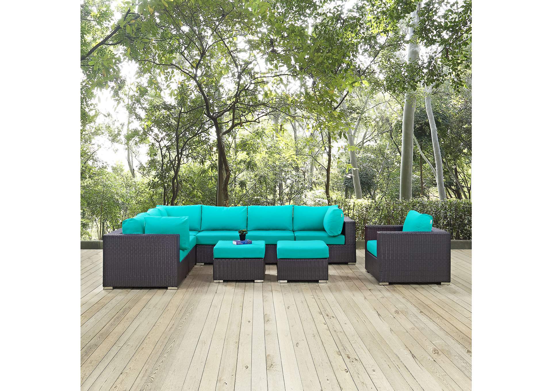 Convene Espresso Turquoise 9 Piece Outdoor Patio Sectional Set,Modway