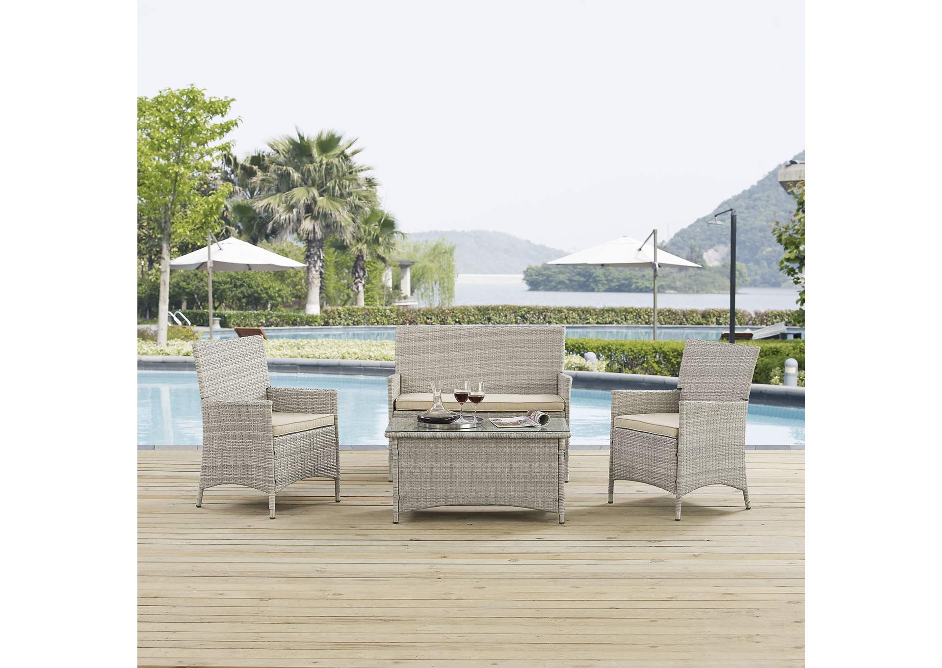 Bridge Light Gray Beige 4 Piece Outdoor Patio Patio Conversation Set,Modway