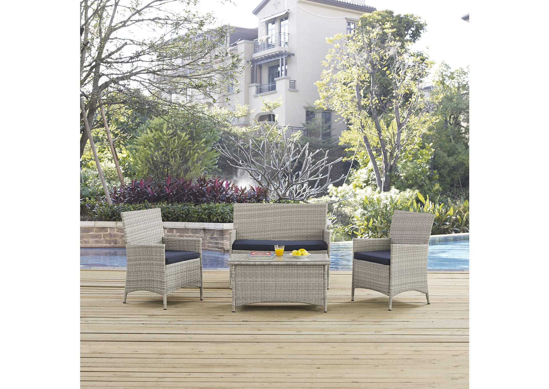 Bridge Light Gray Navy 4 Piece Outdoor Patio Patio Conversation Set,Modway