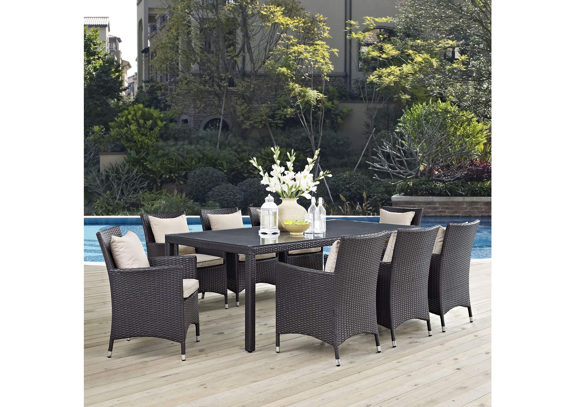 Espresso Beige Convene 9 Piece Outdoor Patio Dining Set,Modway