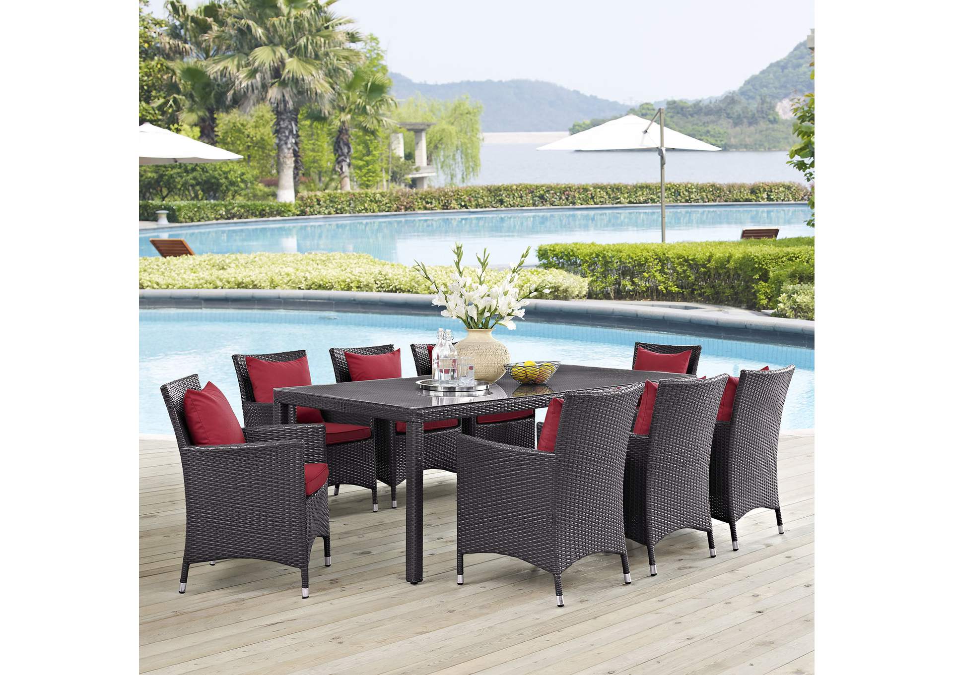 Espresso Red Convene 9 Piece Outdoor Patio Dining Set,Modway