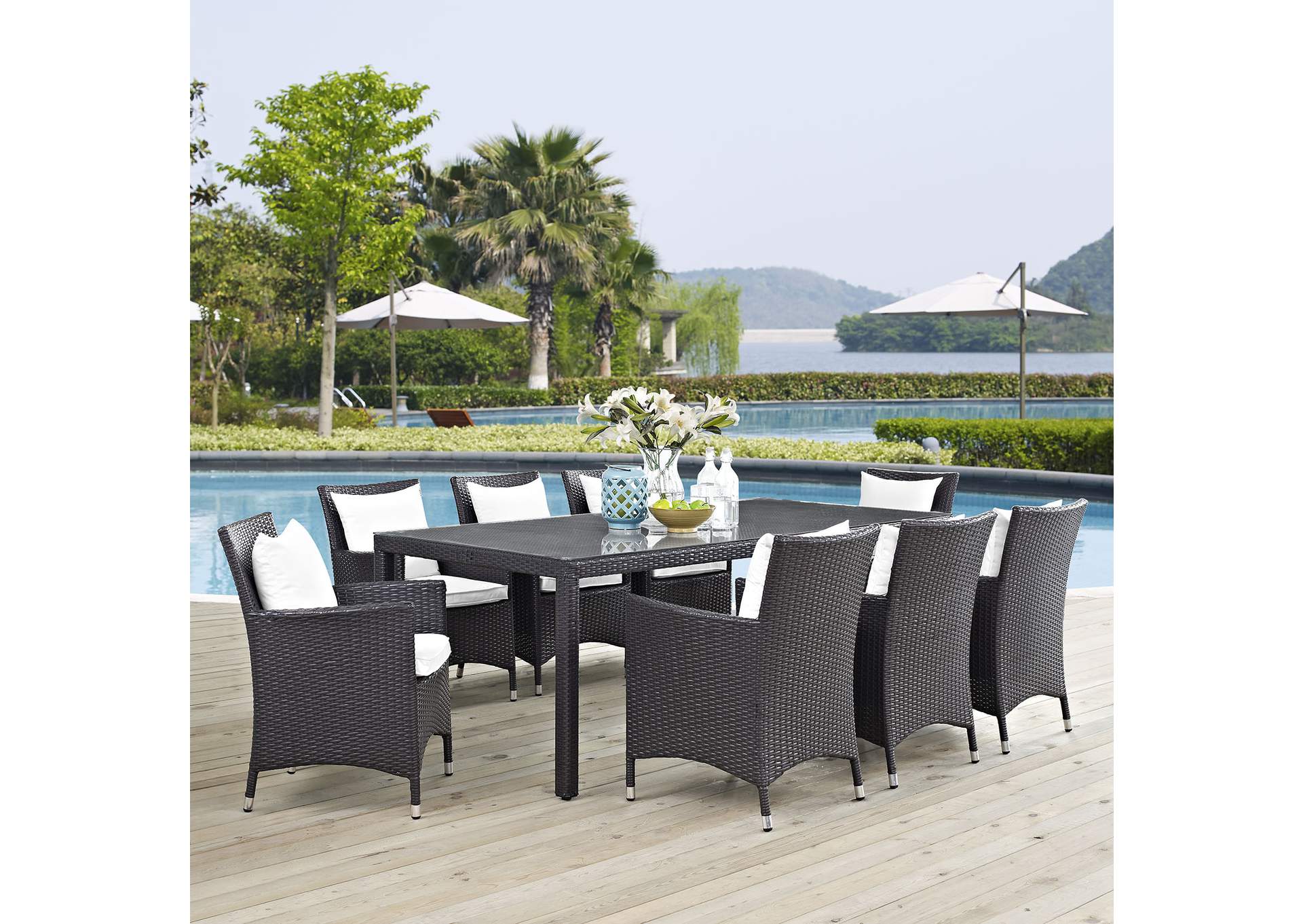 Espresso White Convene 9 Piece Outdoor Patio Dining Set,Modway