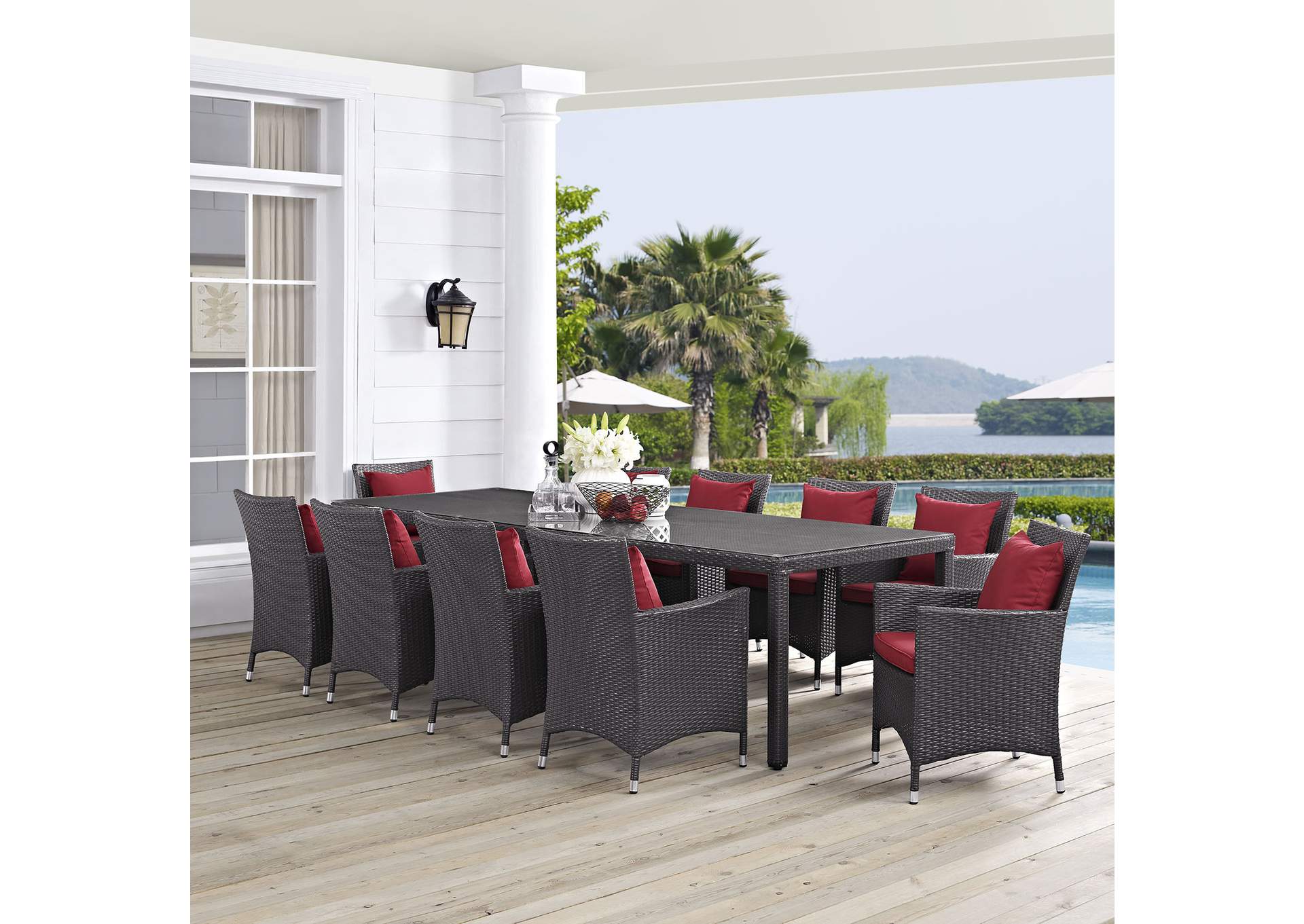 Espresso Red Convene 11 Piece Outdoor Patio Dining Set,Modway