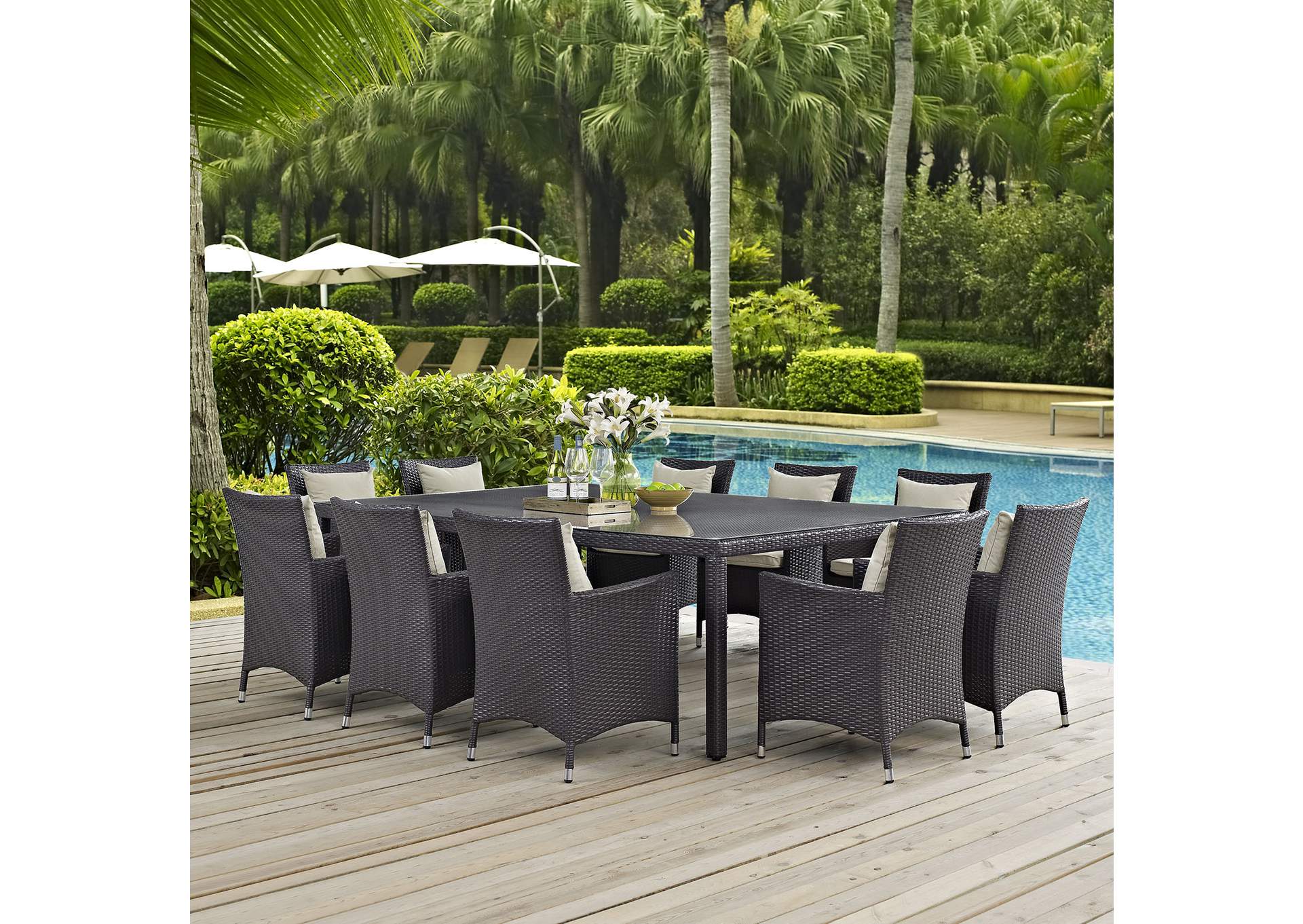 Espresso Beige Convene 11 Piece Outdoor Patio Dining Set,Modway