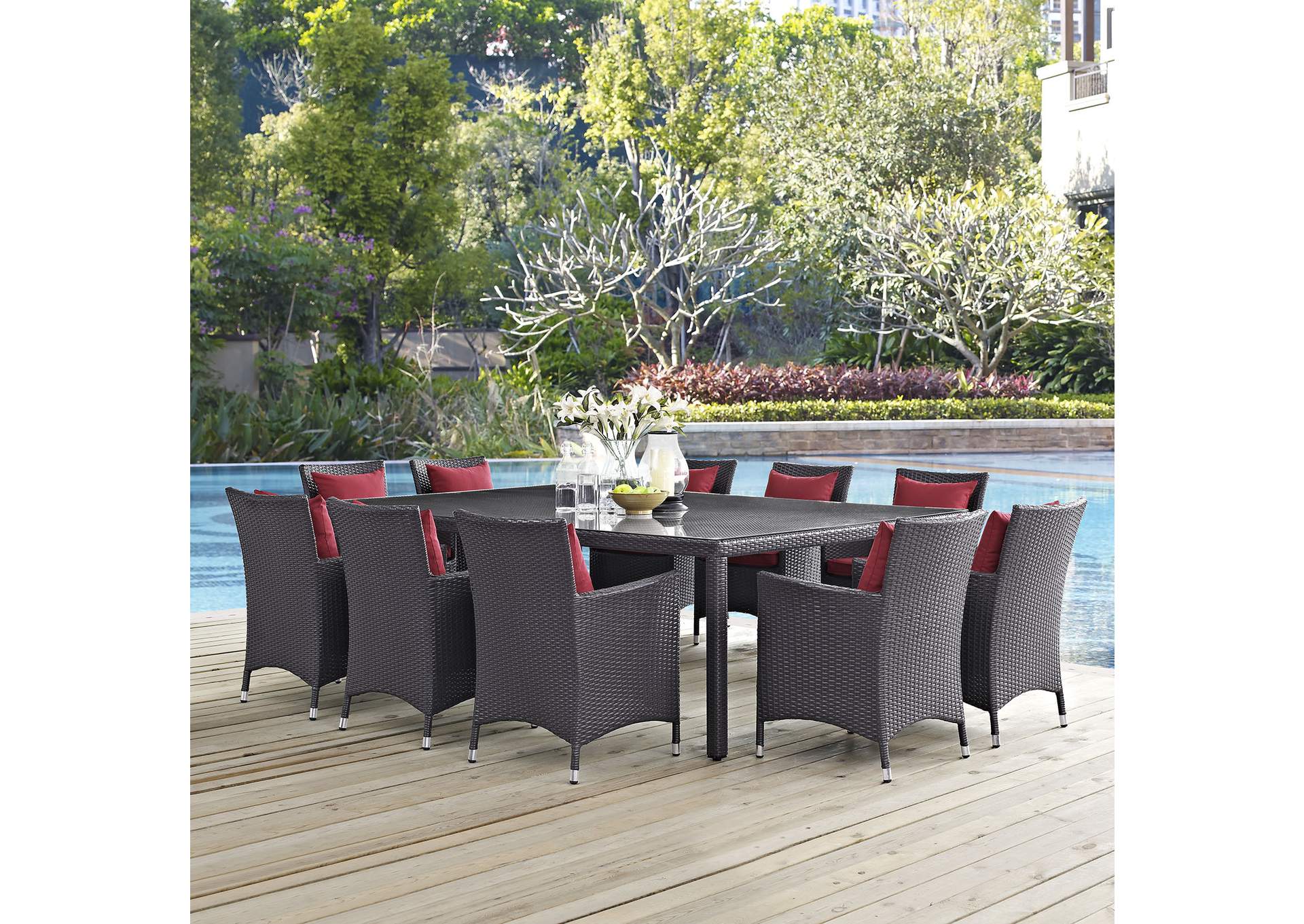 Espresso Red Convene 11 Piece Outdoor Patio Dining Set,Modway