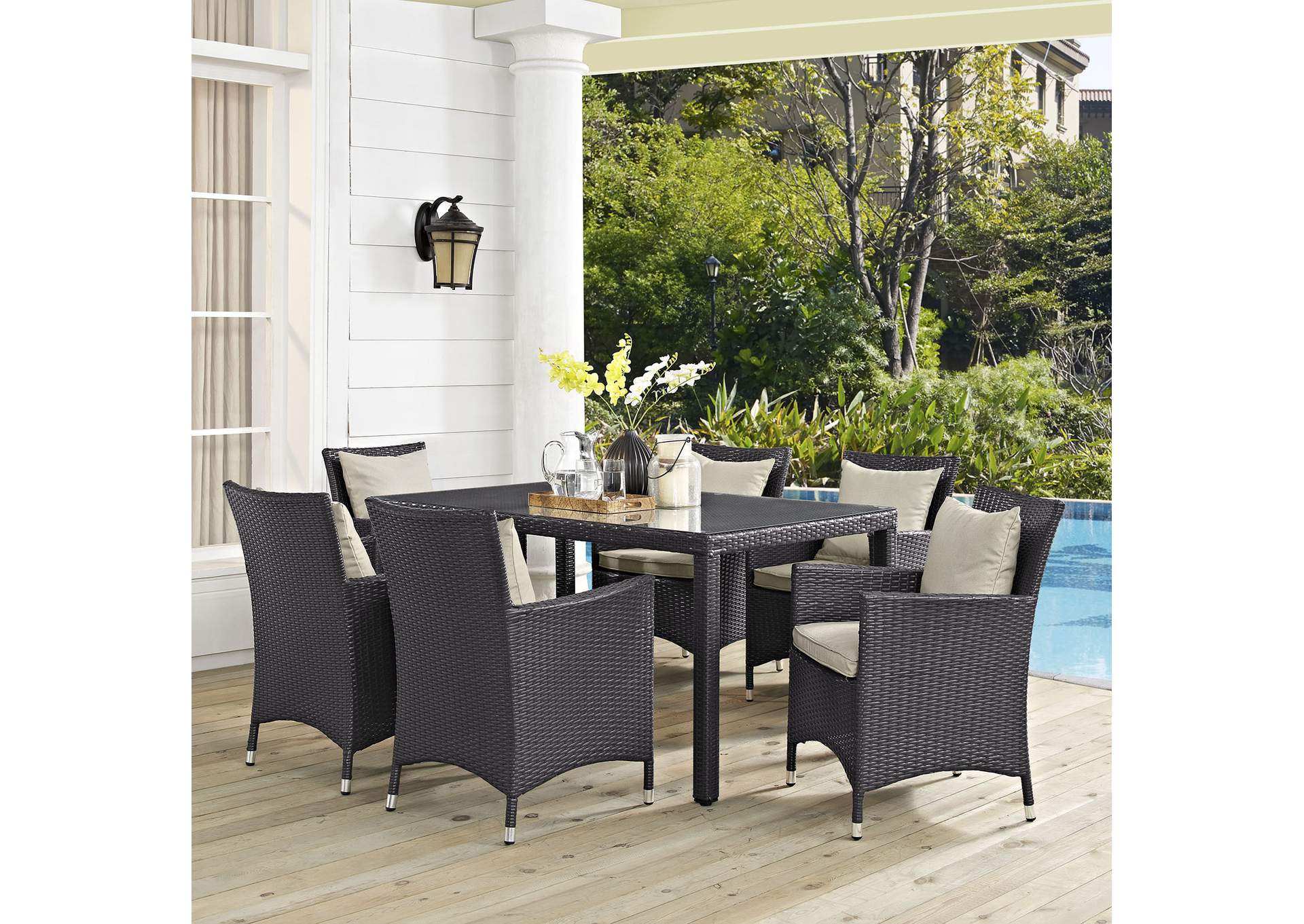 Espresso Beige Convene 7 Piece Outdoor Patio Dining Set,Modway