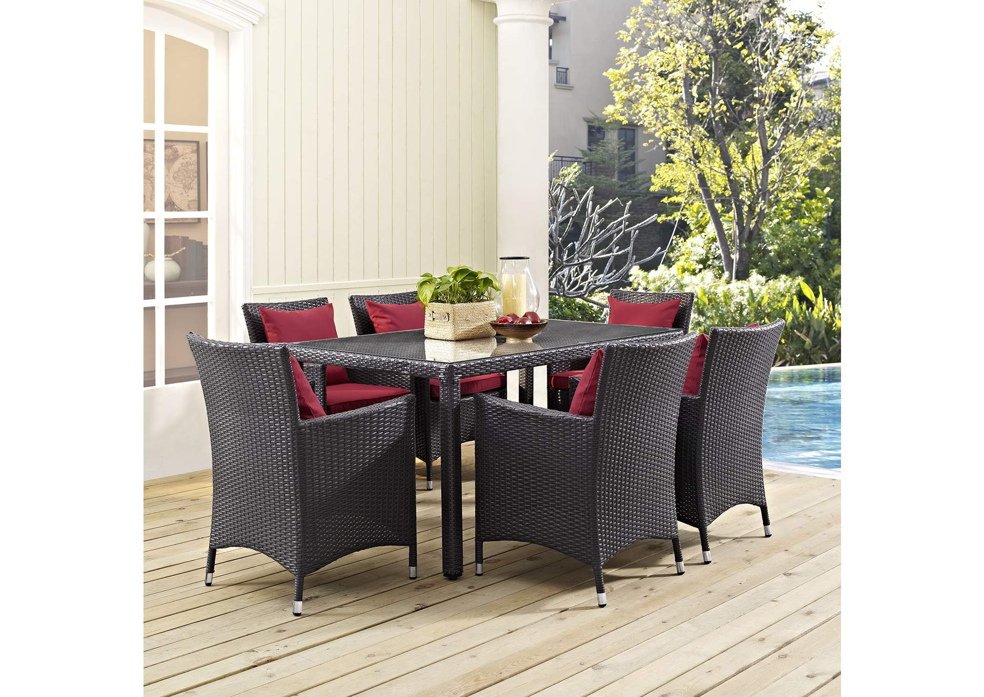 Espresso Red Convene 7 Piece Outdoor Patio Dining Set,Modway