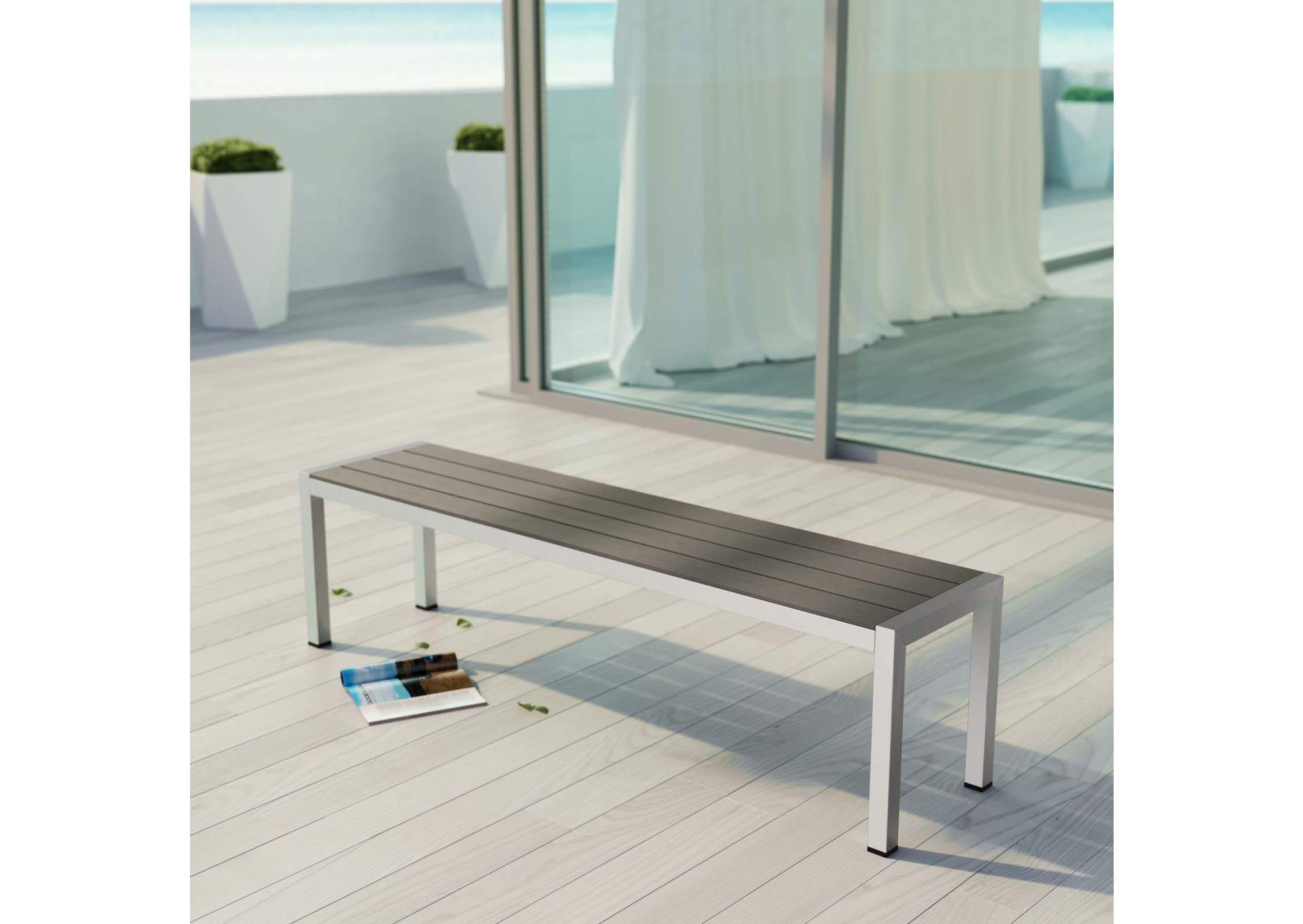 Silver Gray Shore Outdoor Patio Aluminum Bench,Modway