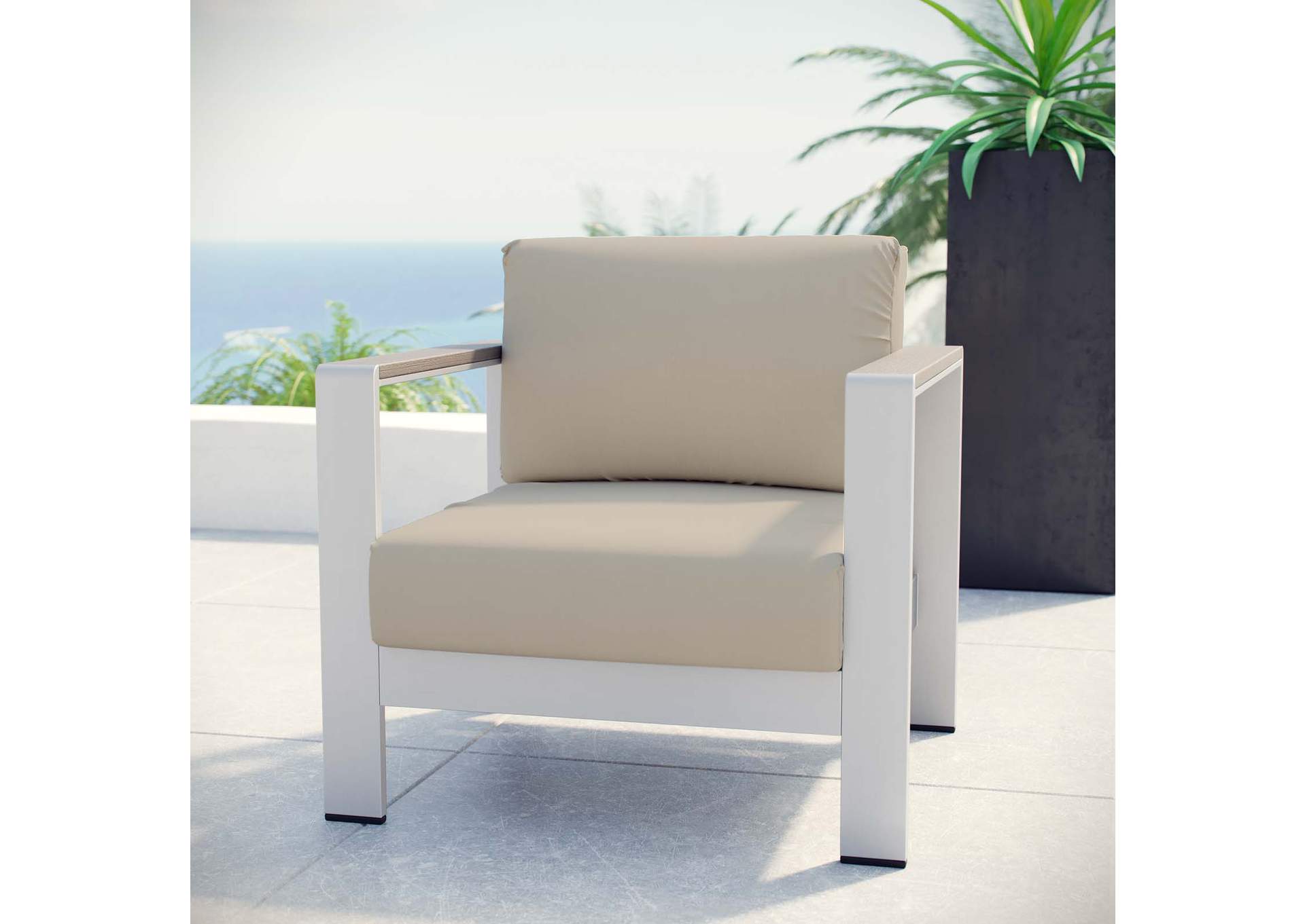 Silver Beige Shore Outdoor Patio Aluminum Armchair,Modway