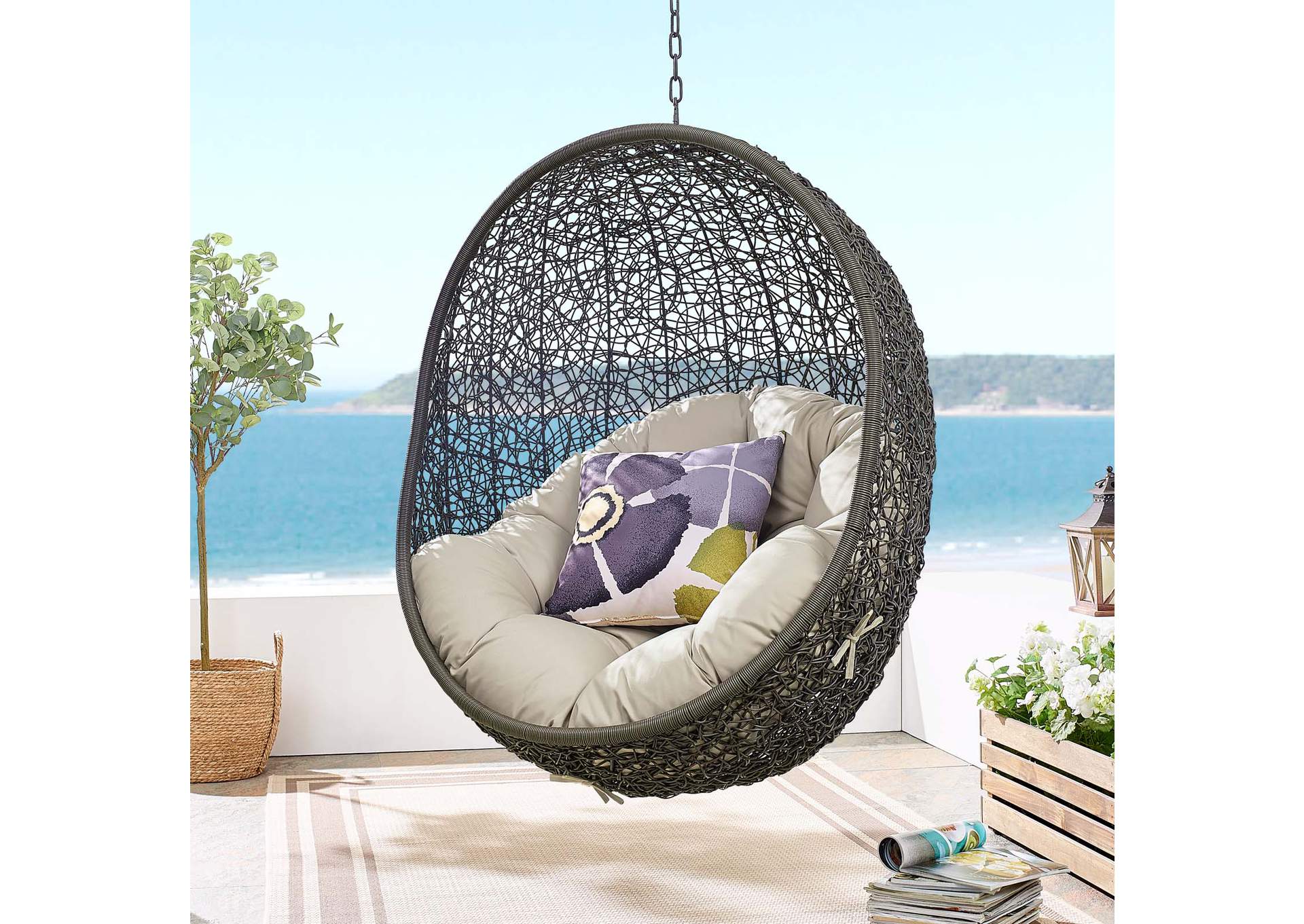 Gray Beige Hide Outdoor Patio Swing Chair With Stand,Modway