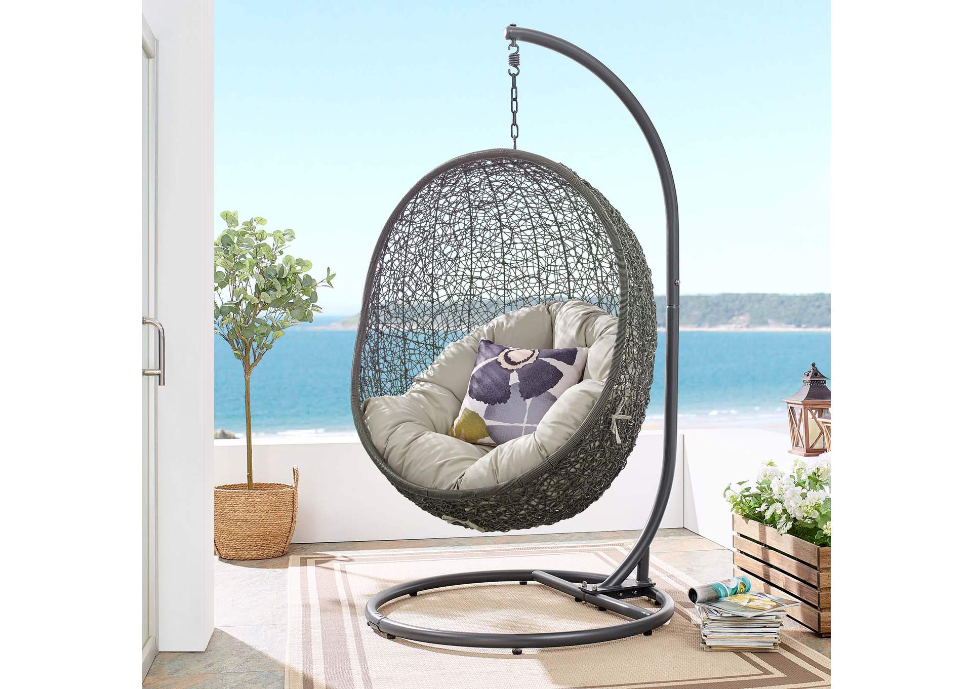 Gray Beige Hide Outdoor Patio Swing Chair With Stand,Modway