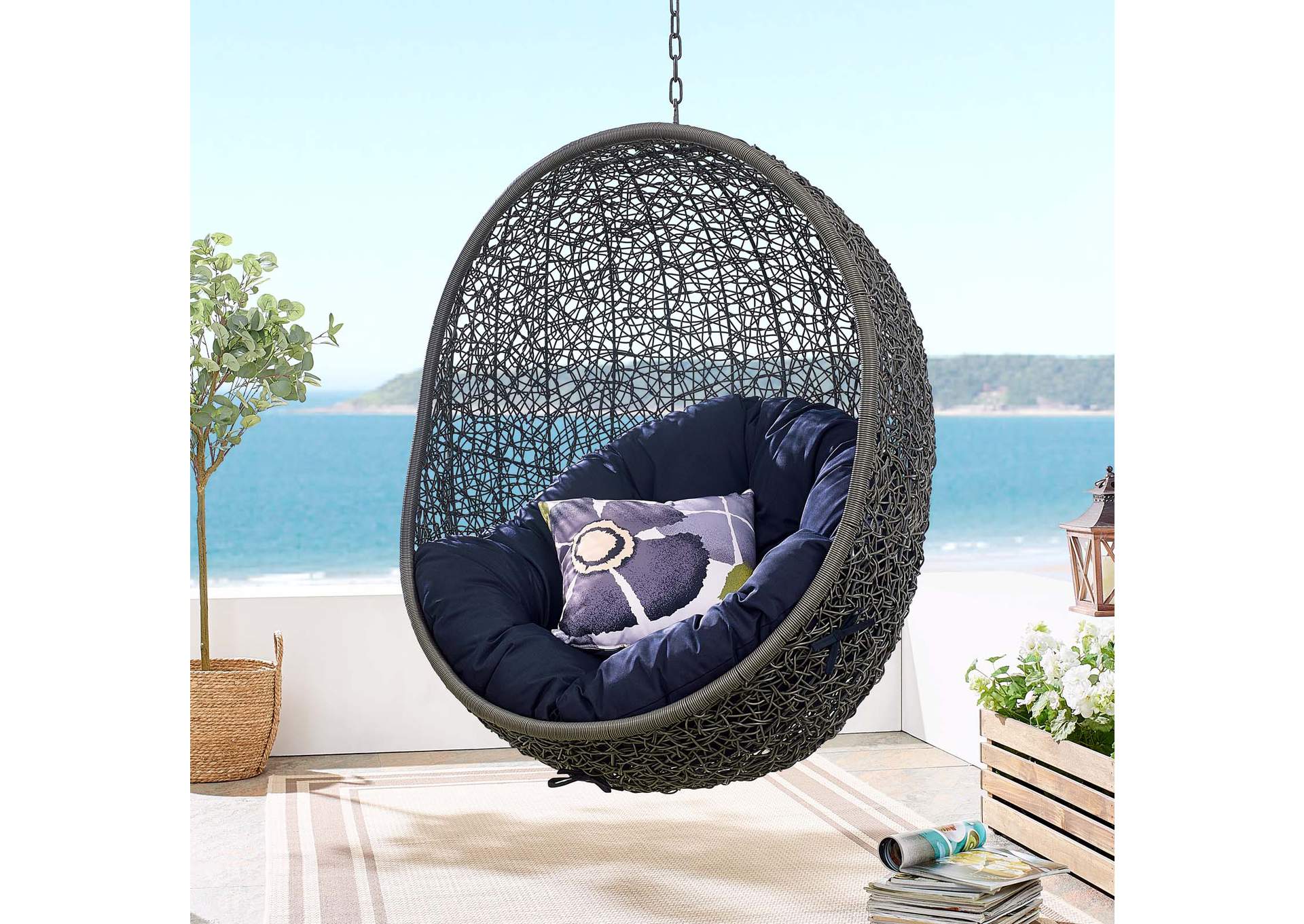 Gray Navy Hide Outdoor Patio Swing Chair With Stand,Modway