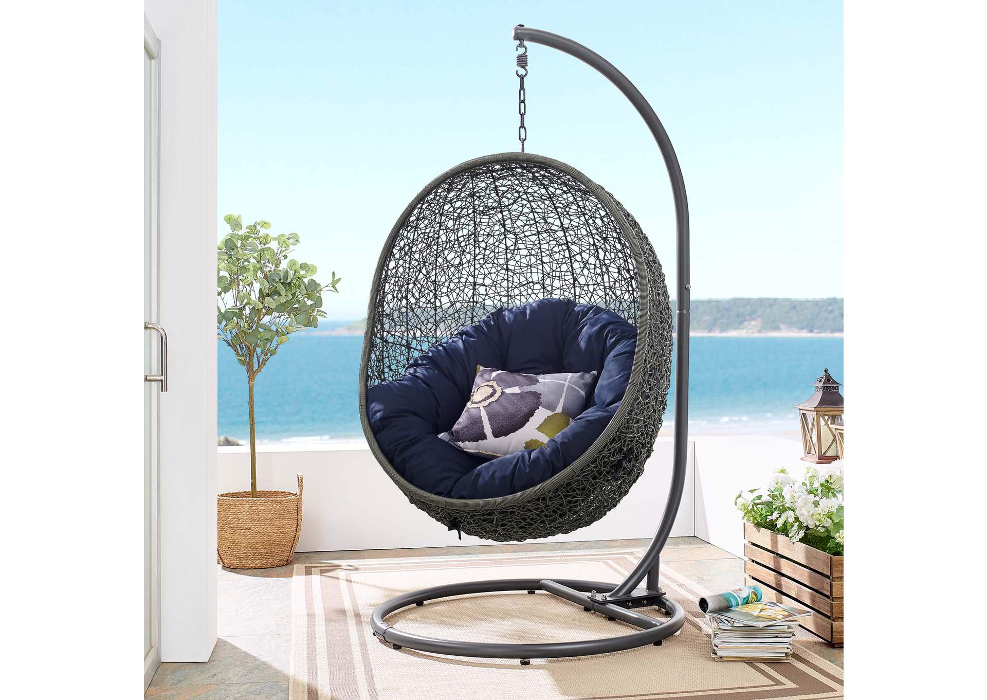 Gray Navy Hide Outdoor Patio Swing Chair With Stand,Modway