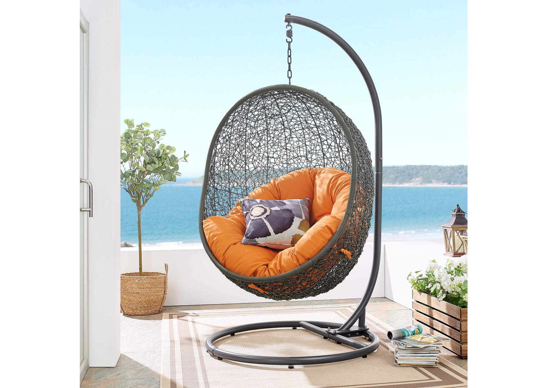 Gray Orange Hide Outdoor Patio Swing Chair With Stand,Modway