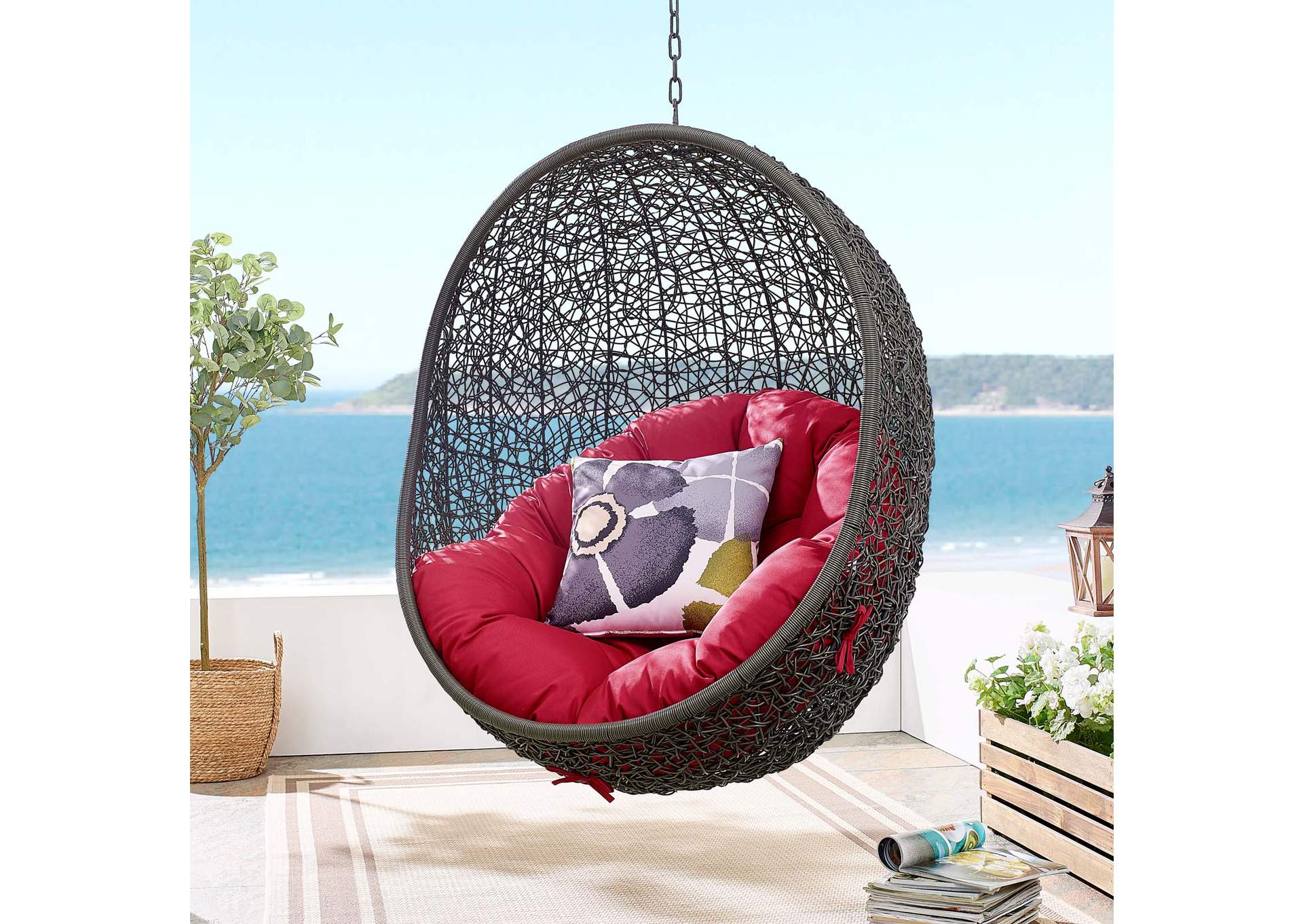 Gray Red Hide Outdoor Patio Swing Chair With Stand,Modway