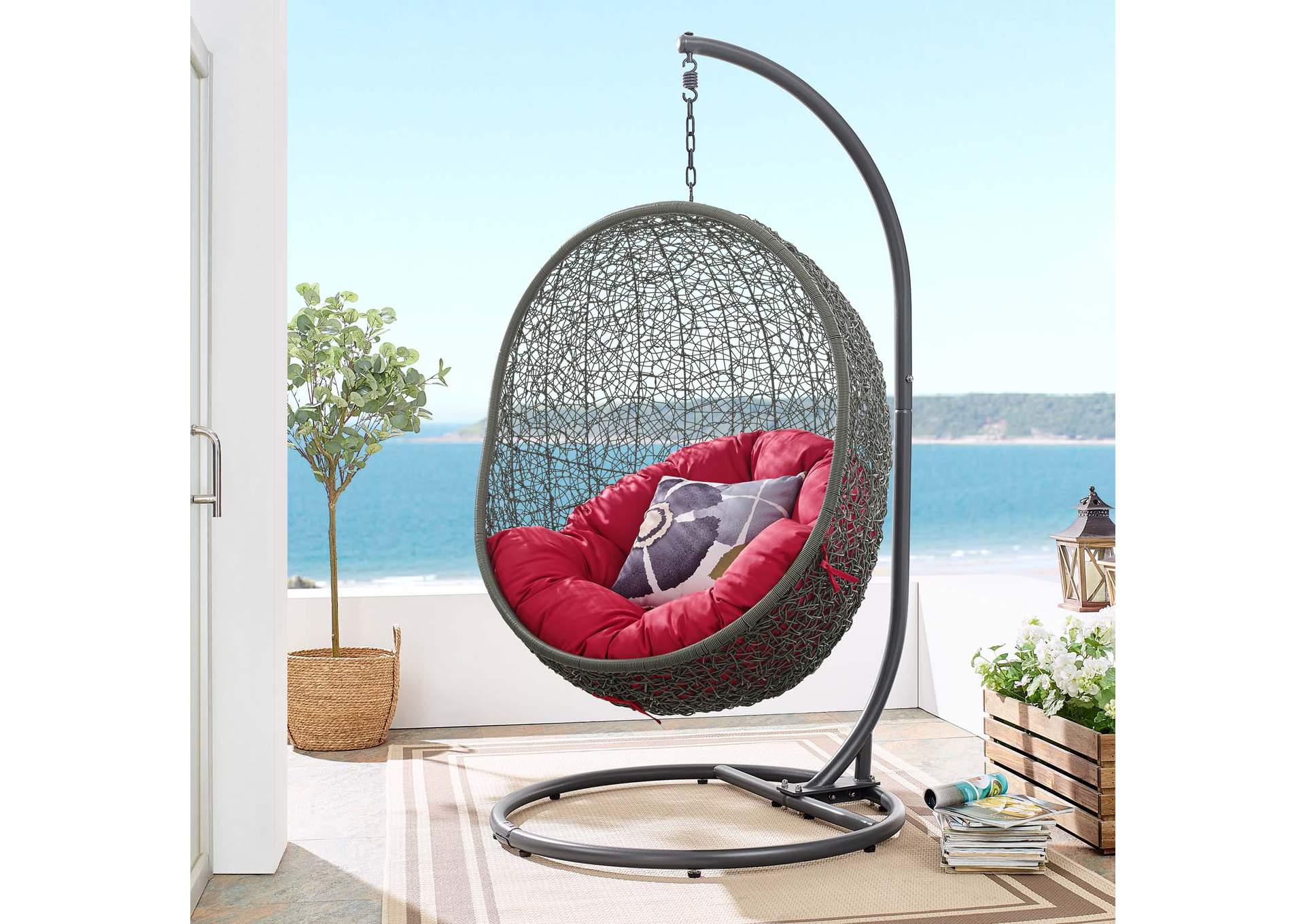 Gray Red Hide Outdoor Patio Swing Chair With Stand,Modway