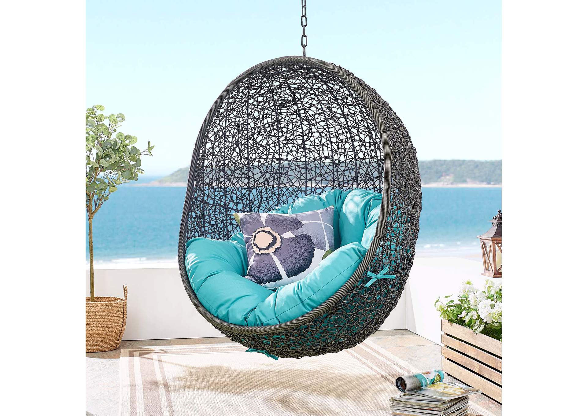 Gray Turquoise Hide Outdoor Patio Swing Chair With Stand,Modway