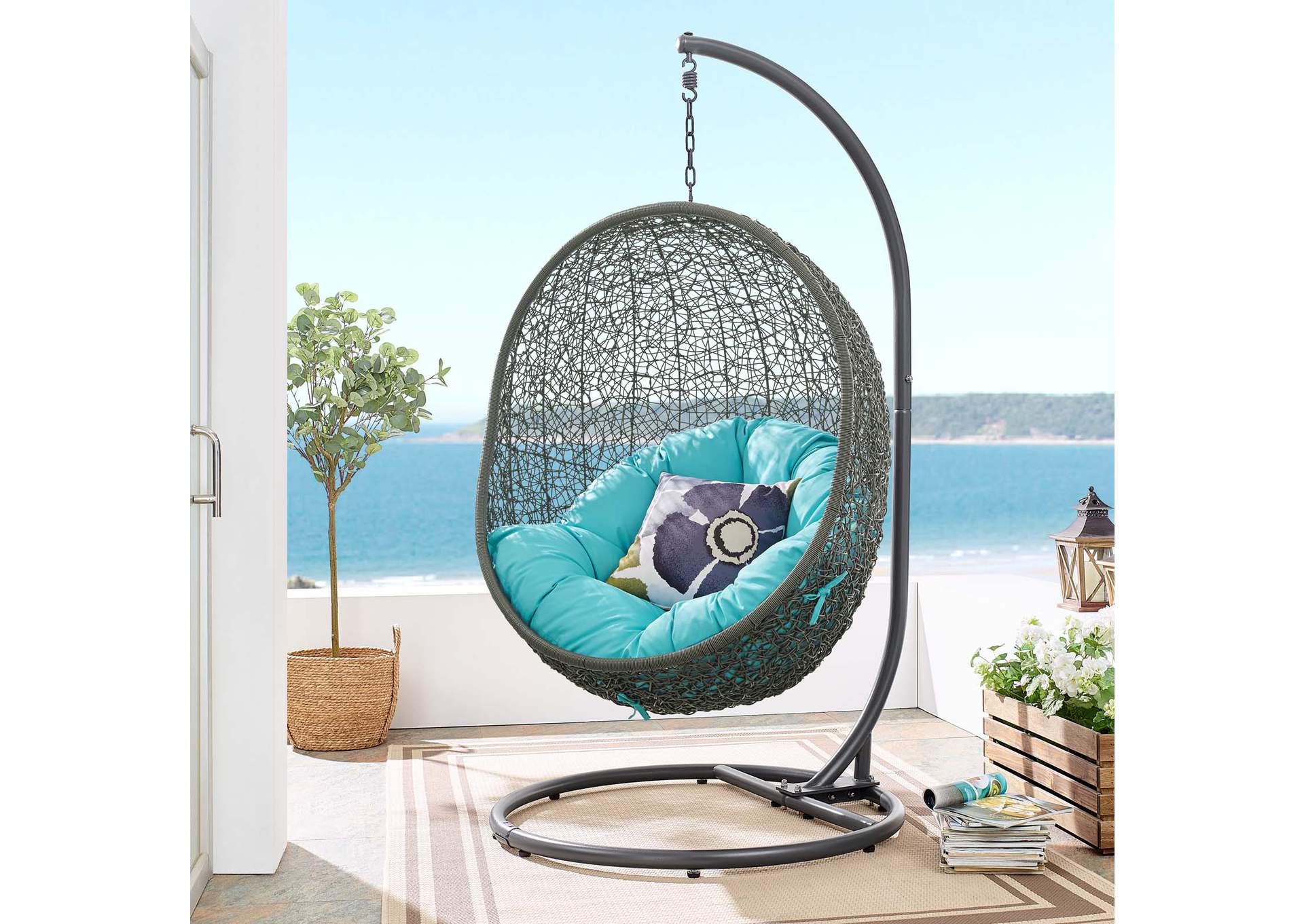 Gray Turquoise Hide Outdoor Patio Swing Chair With Stand,Modway