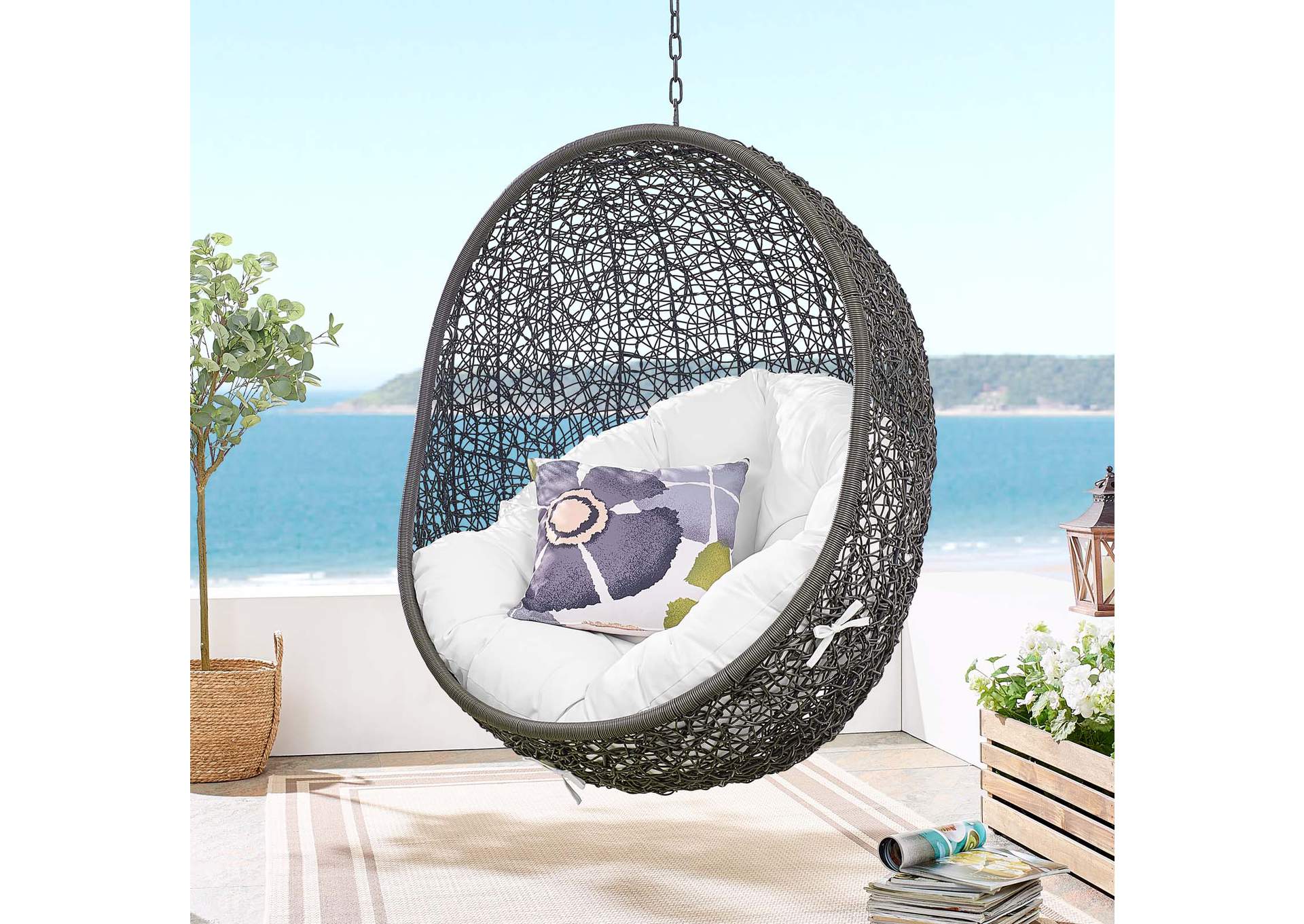 Gray White Hide Outdoor Patio Swing Chair With Stand,Modway