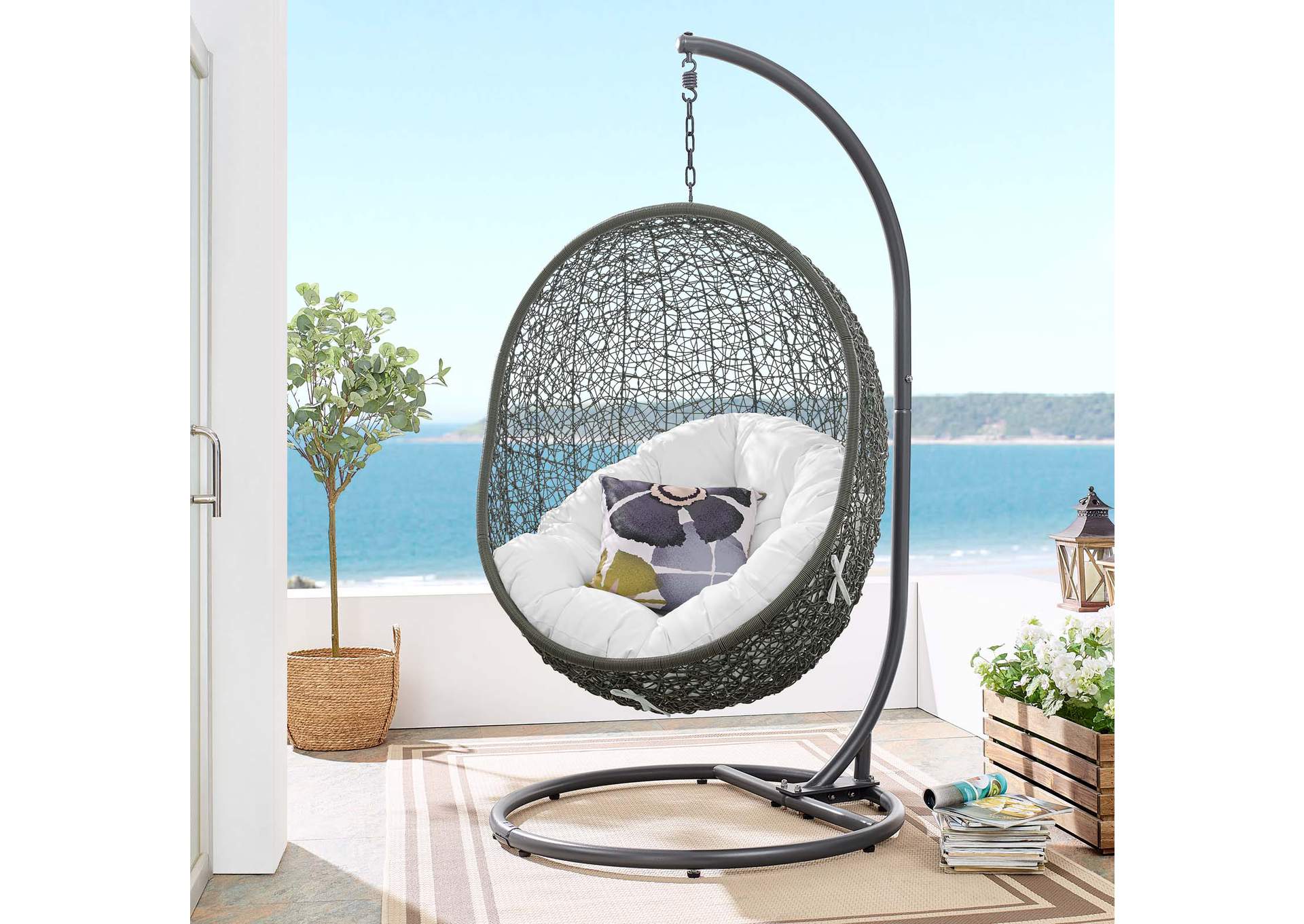 Gray White Hide Outdoor Patio Swing Chair With Stand,Modway