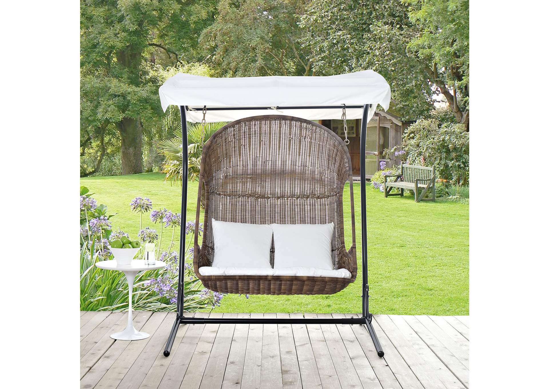 Brown White Vantage Outdoor Patio Swing Chair With Stand,Modway