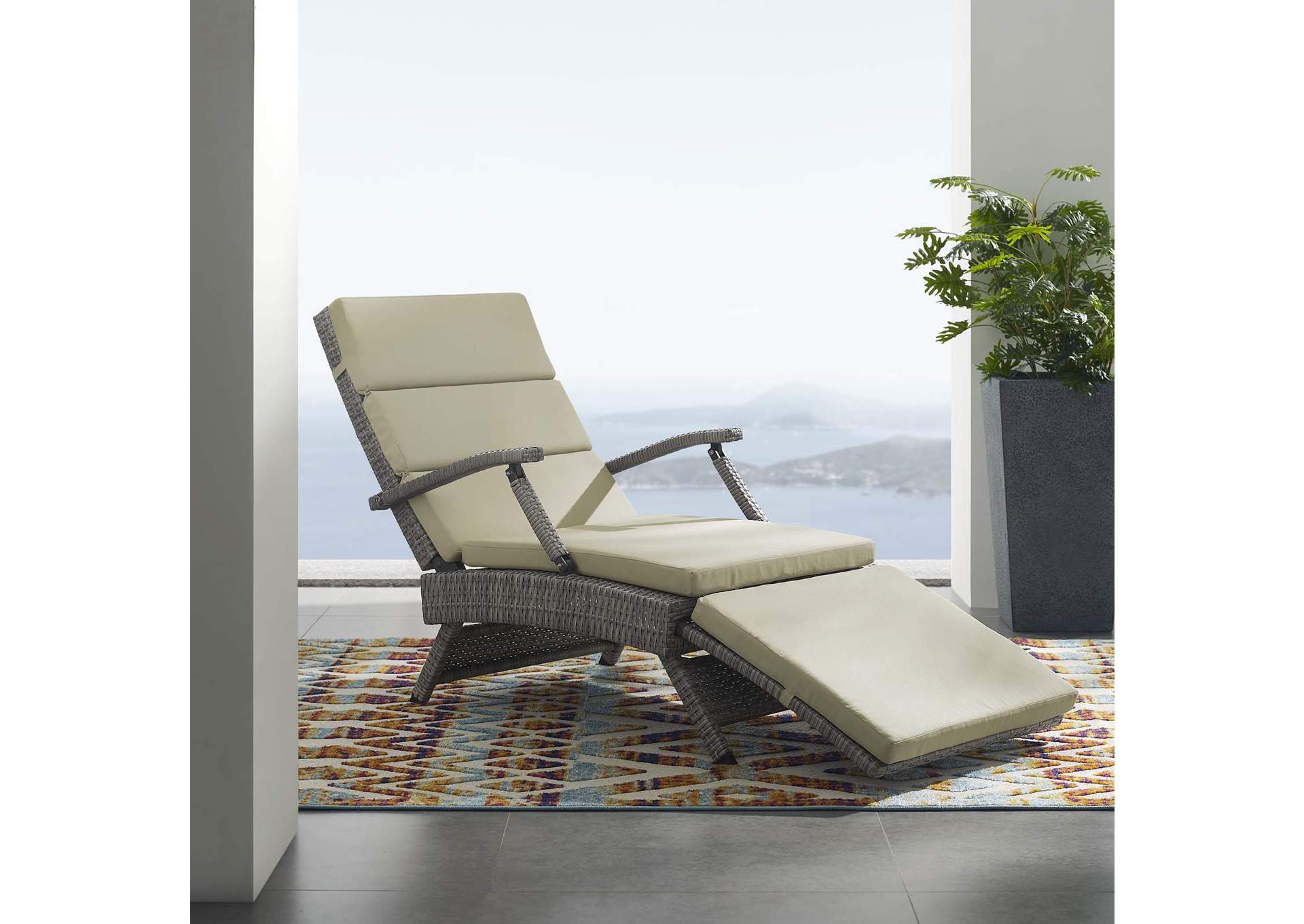 Light Gray Beige Envisage Chaise Outdoor Patio Wicker Rattan Lounge Chair,Modway