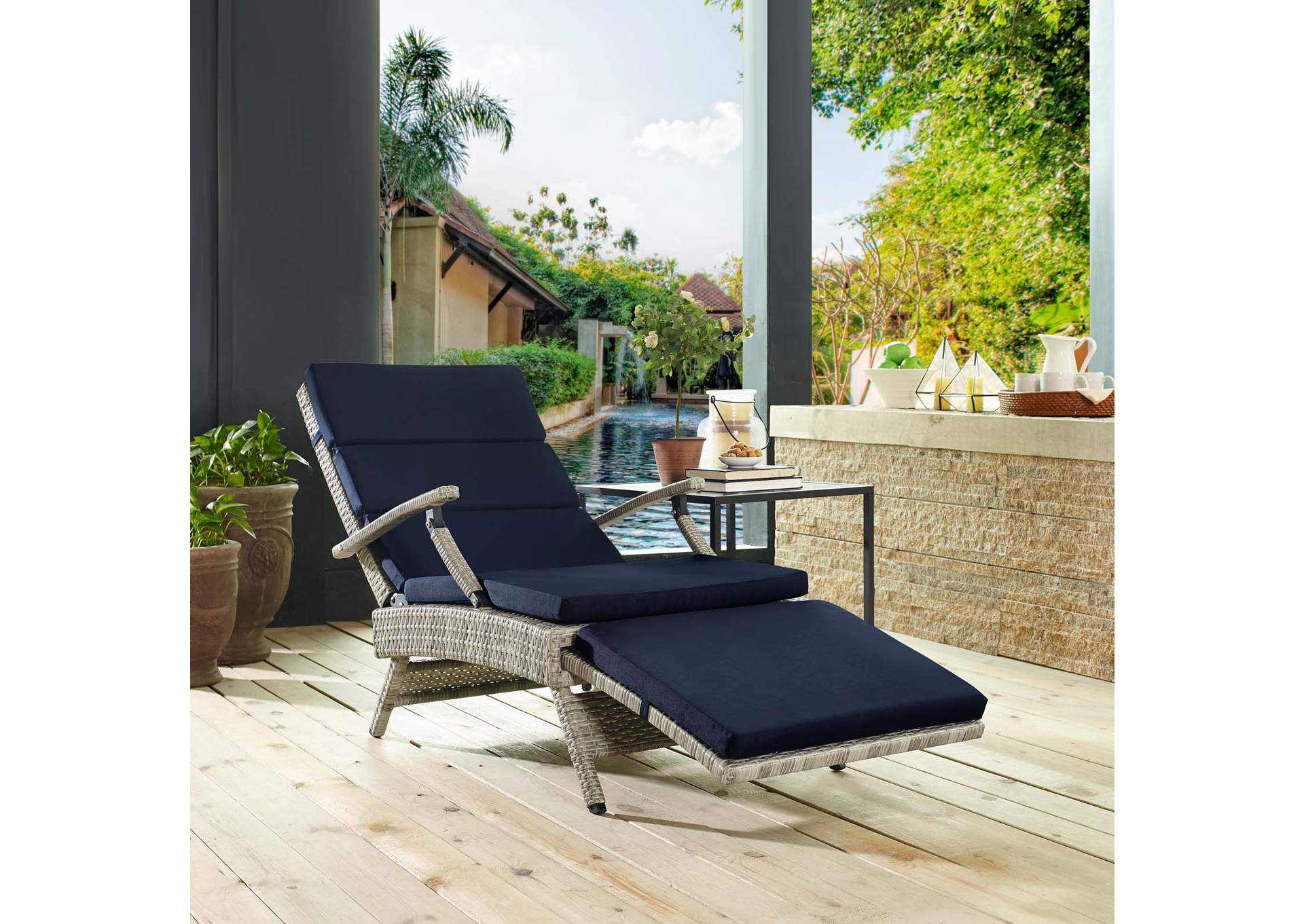 Light Gray Navy Envisage Chaise Outdoor Patio Wicker Rattan Lounge Chair,Modway